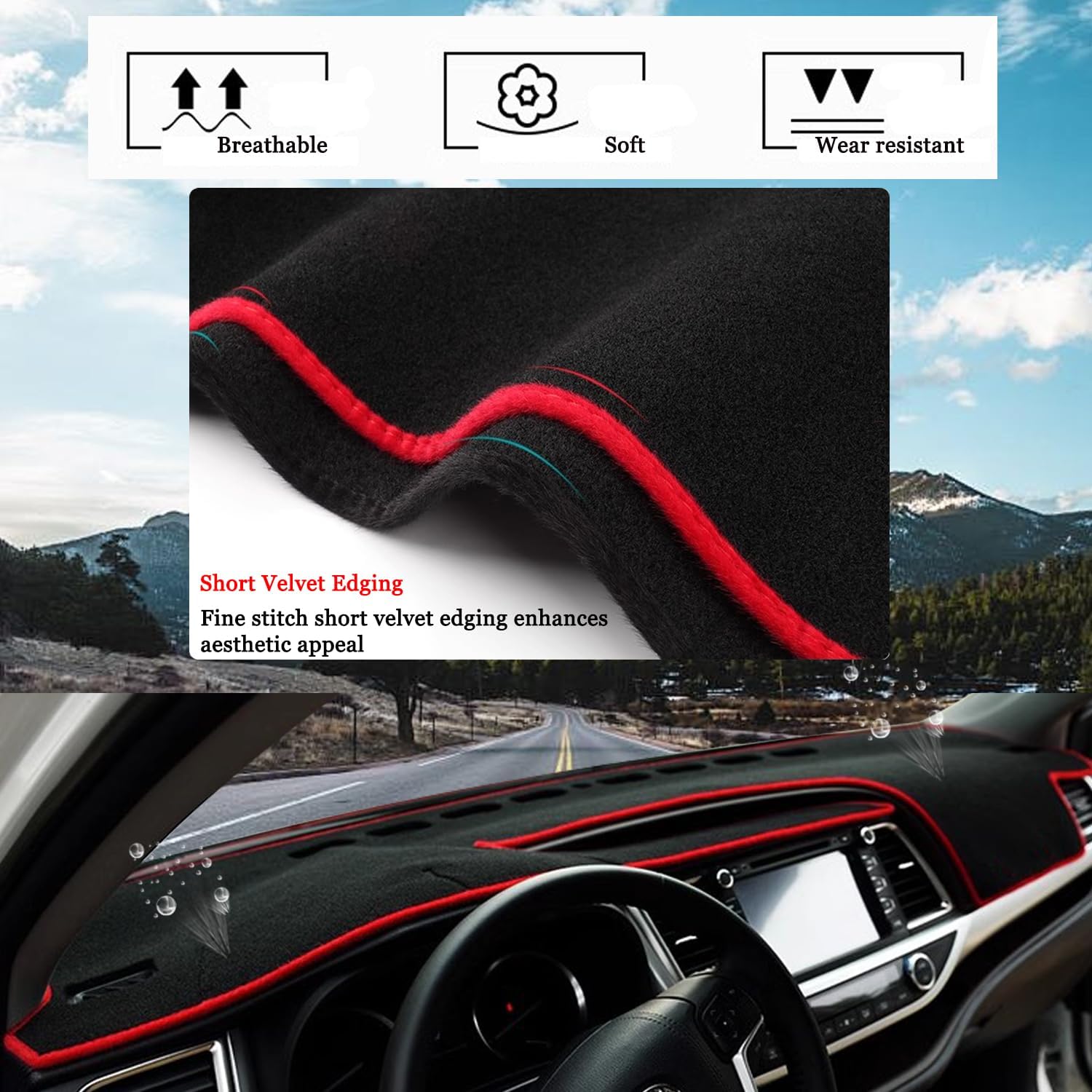 Blazeray Car Dashboard Cover Custom Compatible with Toyota Highlander 2014 2015 2016 2017 2018 2019 Anti-Skid Dashboard Mat Center Console Protector Cover Mat Sunshield Cover Mat(Red Edge)