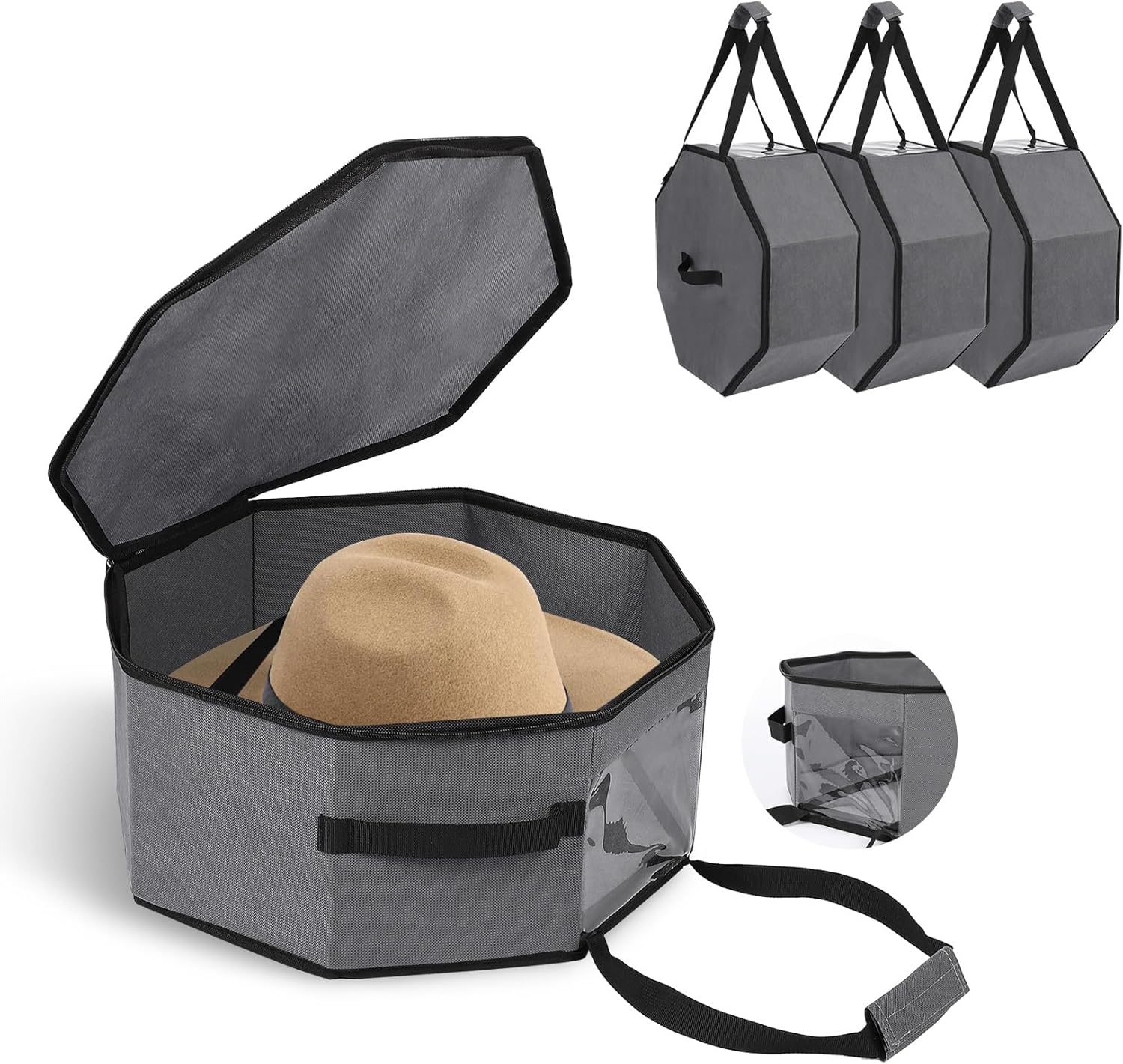 Garvee 3-Pack Grey Collapsible Hat Storage Boxes with Handles and Shoulder Strap – Large Dustproof Organizer for Cowboy, Fedora & Sun Hats – Portable Travel and Home Storage, 42×42×19cm, Grey