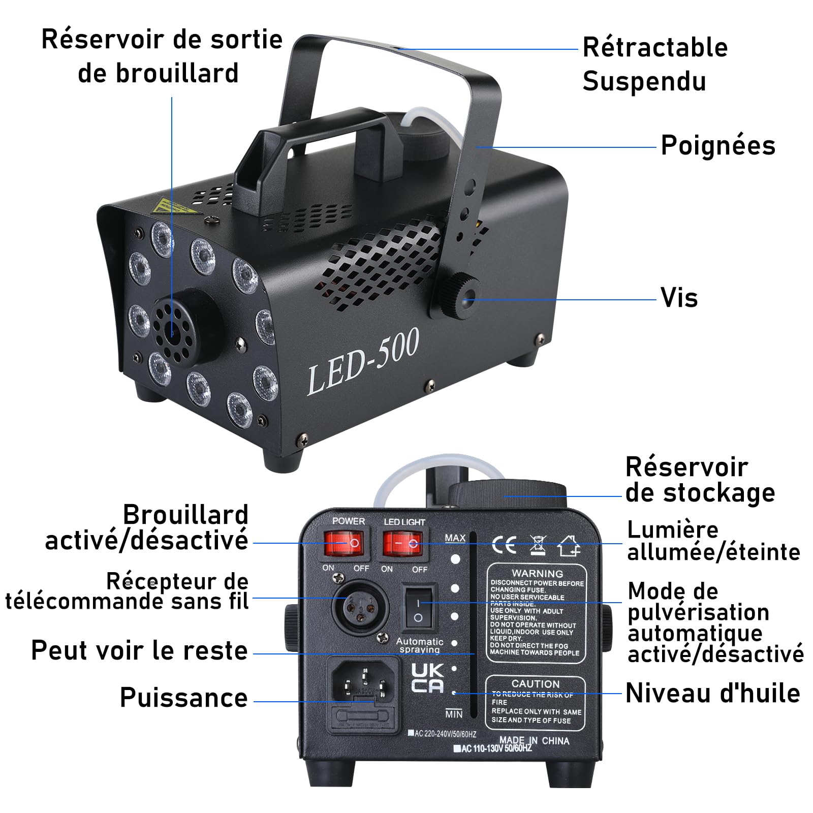 MAMIZO Machine à Fumée 500W, Machine à Brouillard Portable avec Télécommandes avec 13 Couleurs 10 LED Lumières RGB, Machine Fumee pour Halloween Noël Mariages Étapes Fêtes DJ et Spectacles