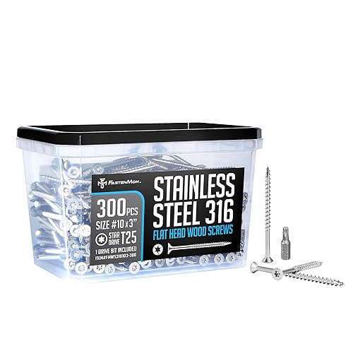 Tornillos para madera de acero inoxidable 316 de grado marino #10 x 3, paquete de 300 con broca T25, cabeza plana Torx tipo 17 puntos, ideal para