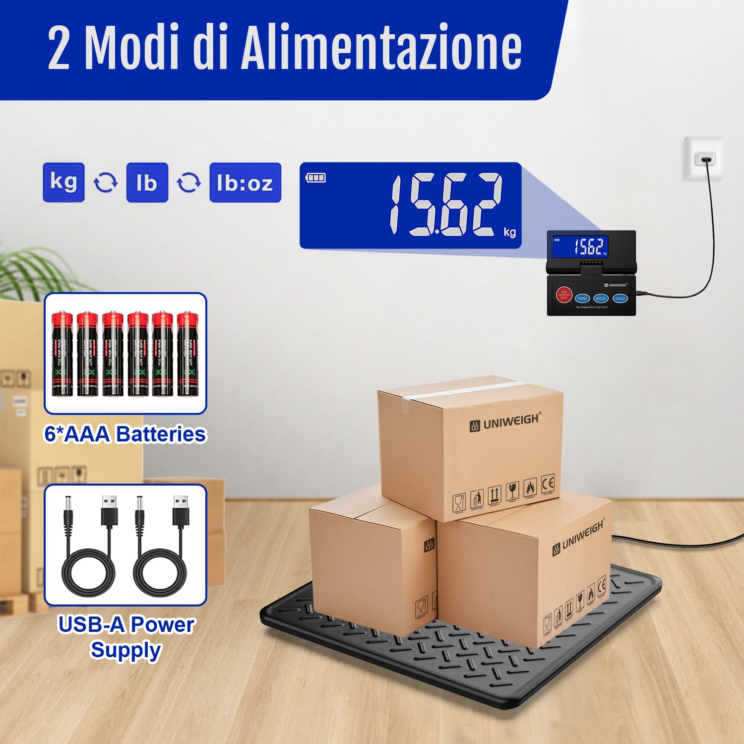 UNIWEIGH Bilancia postale digitale da 440 lb, precisione da 10 g, per pacchetti con LCD retroilluminato, piattaforma in acciaio legato, funzionamento USB-A/batteria, Tara/Hold/Auto-Off, bilancia per