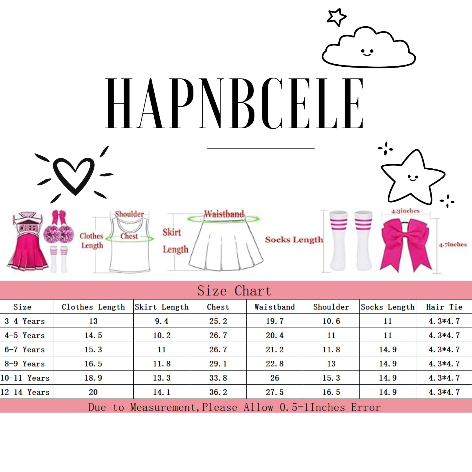 HAPNBCELE Cheerleader Costume for Girls Cheerleading Outfit with Bow, Pom Poms, Socks - Image 2