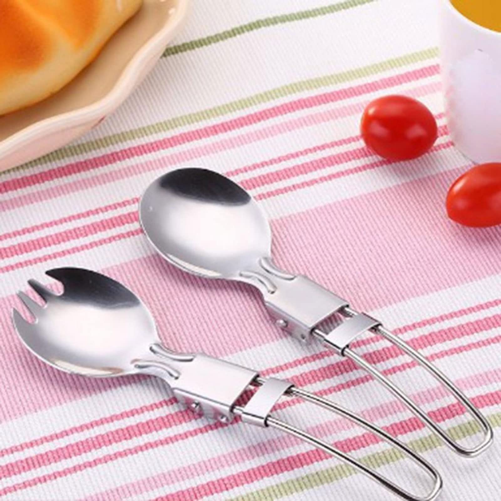 Spoons Stainless Steel Folding Spoon Spork With Lightweight Handle Picnic Camping Dinnerware Outdoor Tableware Cookware Dinner Set 2 Pcs
