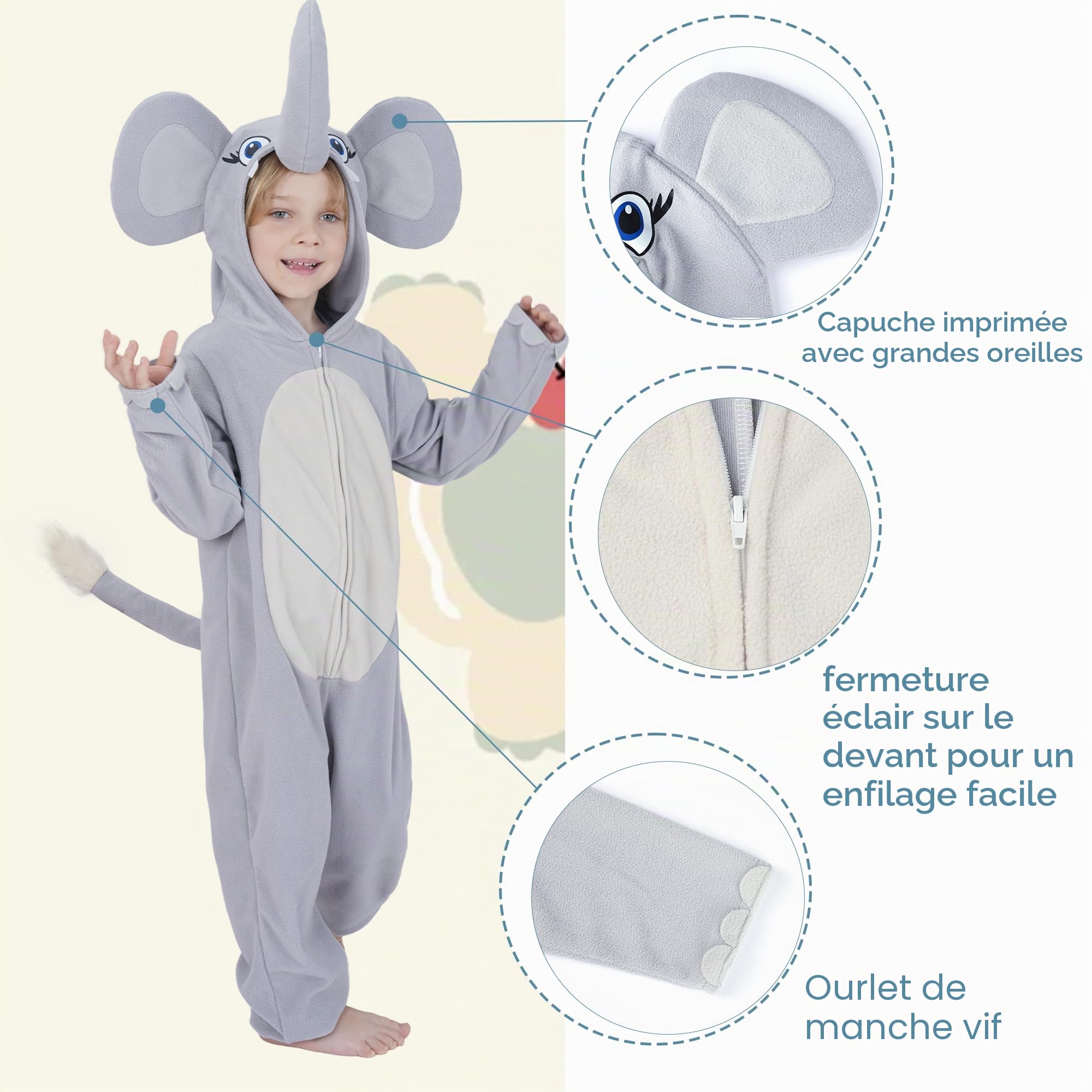 Sincere Party Costume de cache-couche éléphant mignon en toison, combinaison d'éléphant à capuche vive pour garçons et filles L(8-10)