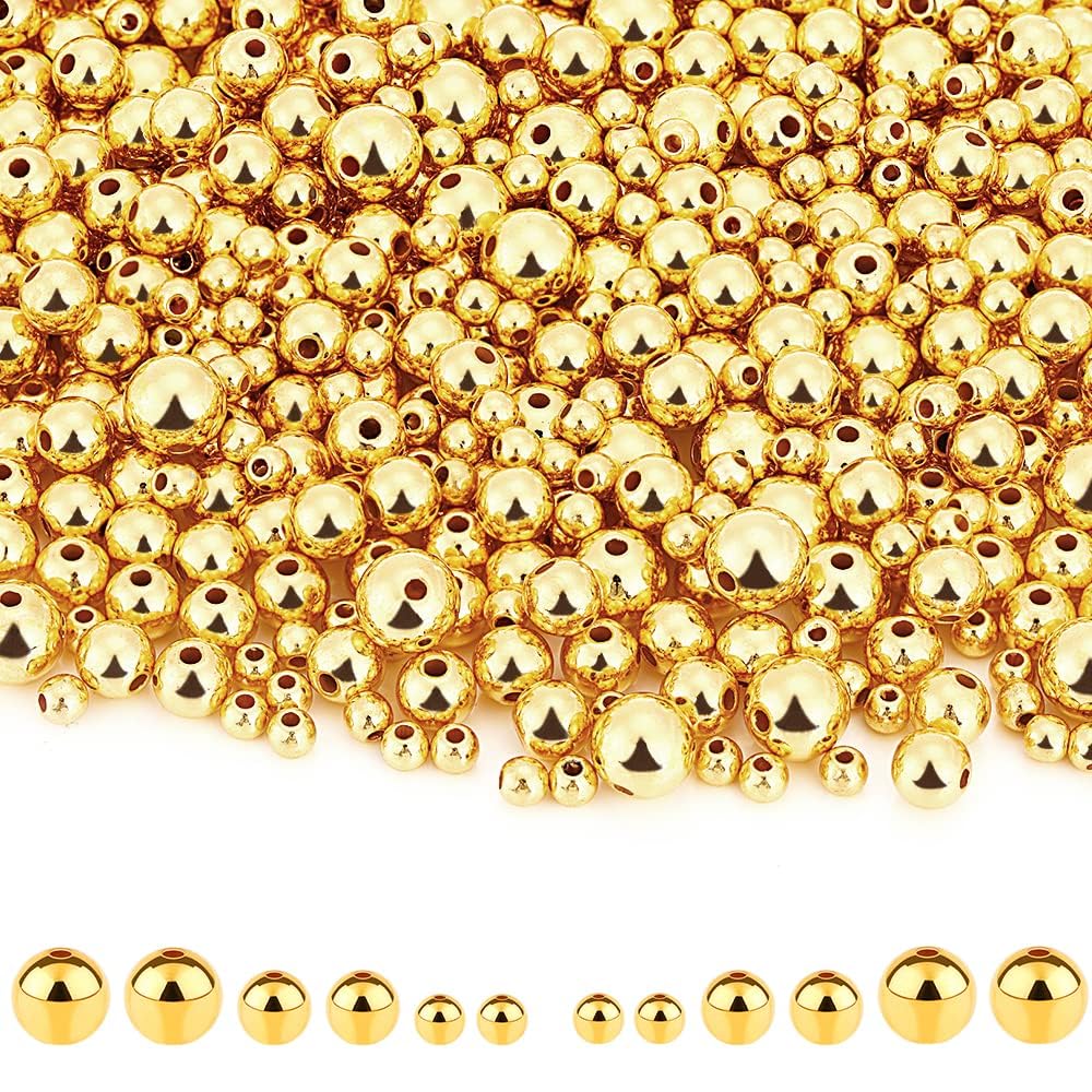 1200Pcs Gold Round Spacer Beads Smooth Loose Ball Beads for Bracelet Craft, 4mm, 6mm, 8mm