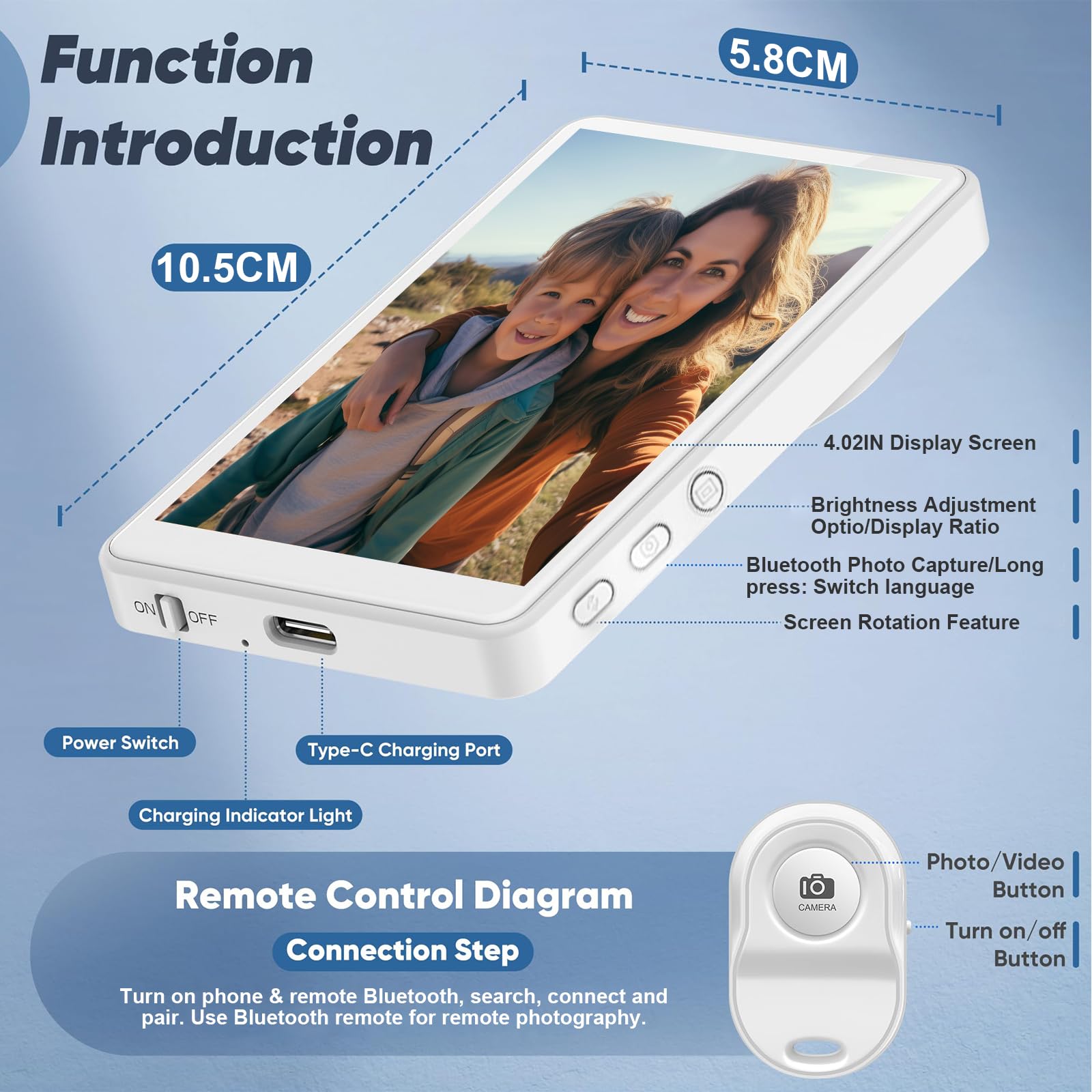 Monitor Selfie Schermo X40L,Display Camera Posteriore Senza Fili con Montatura Magnetica, Rotazione 180°, 3 Livelli Luminosità & Telecomando - Compatibile Smartphone iOS 9.0+ & Android 2.0+