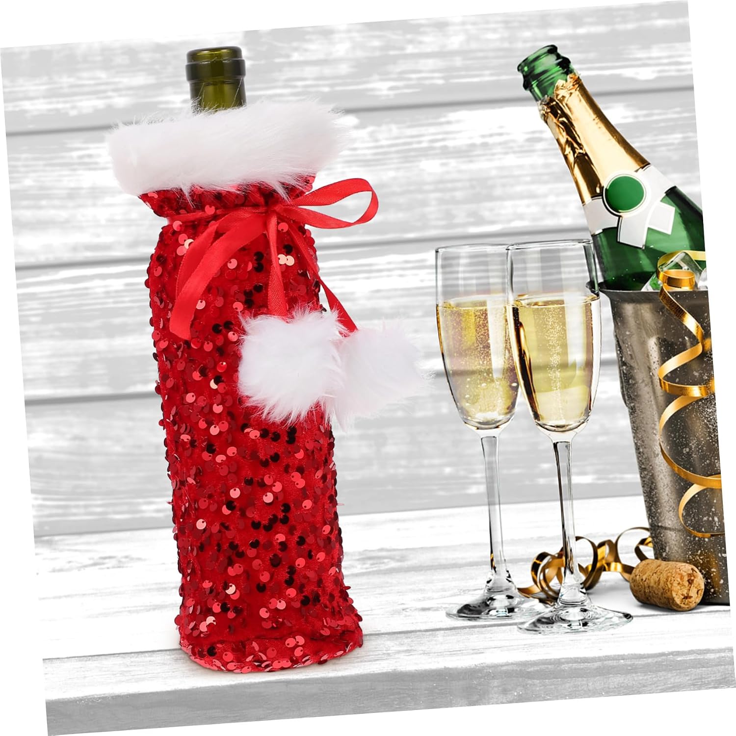 GANAZONO Wine Holiday Plush Cover with Christmas Bag Red Bottle Drawstring Festive Decoration for Coffee Shop and Restaurant Use