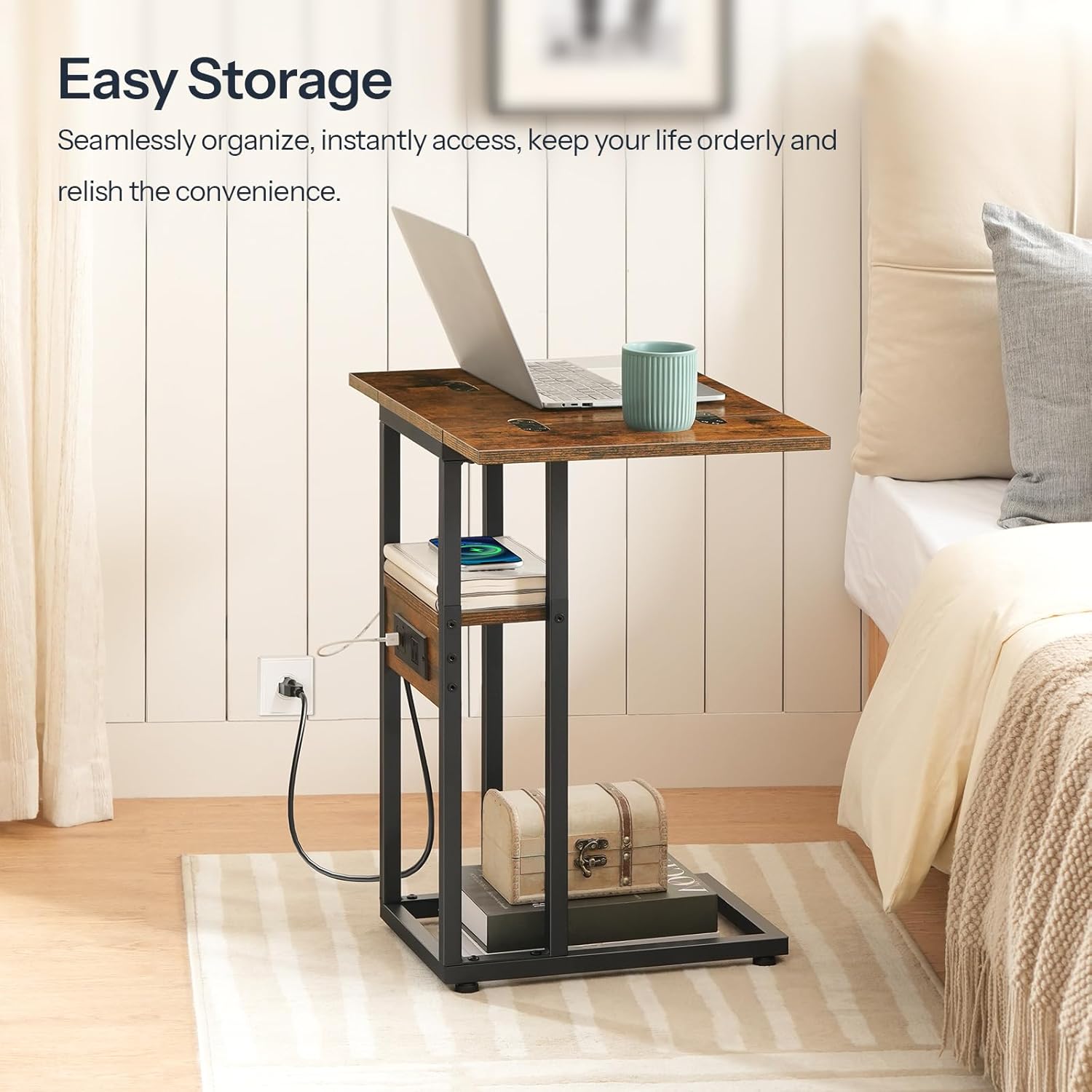 HOOBRO Foldable End Table, C Shaped Side Table with Charging Station, Sofa Couch Table That Slide Under for Living Room Bedroom Small Spaces, Easy Assembly, Rustic Brown and Black BF29USF01