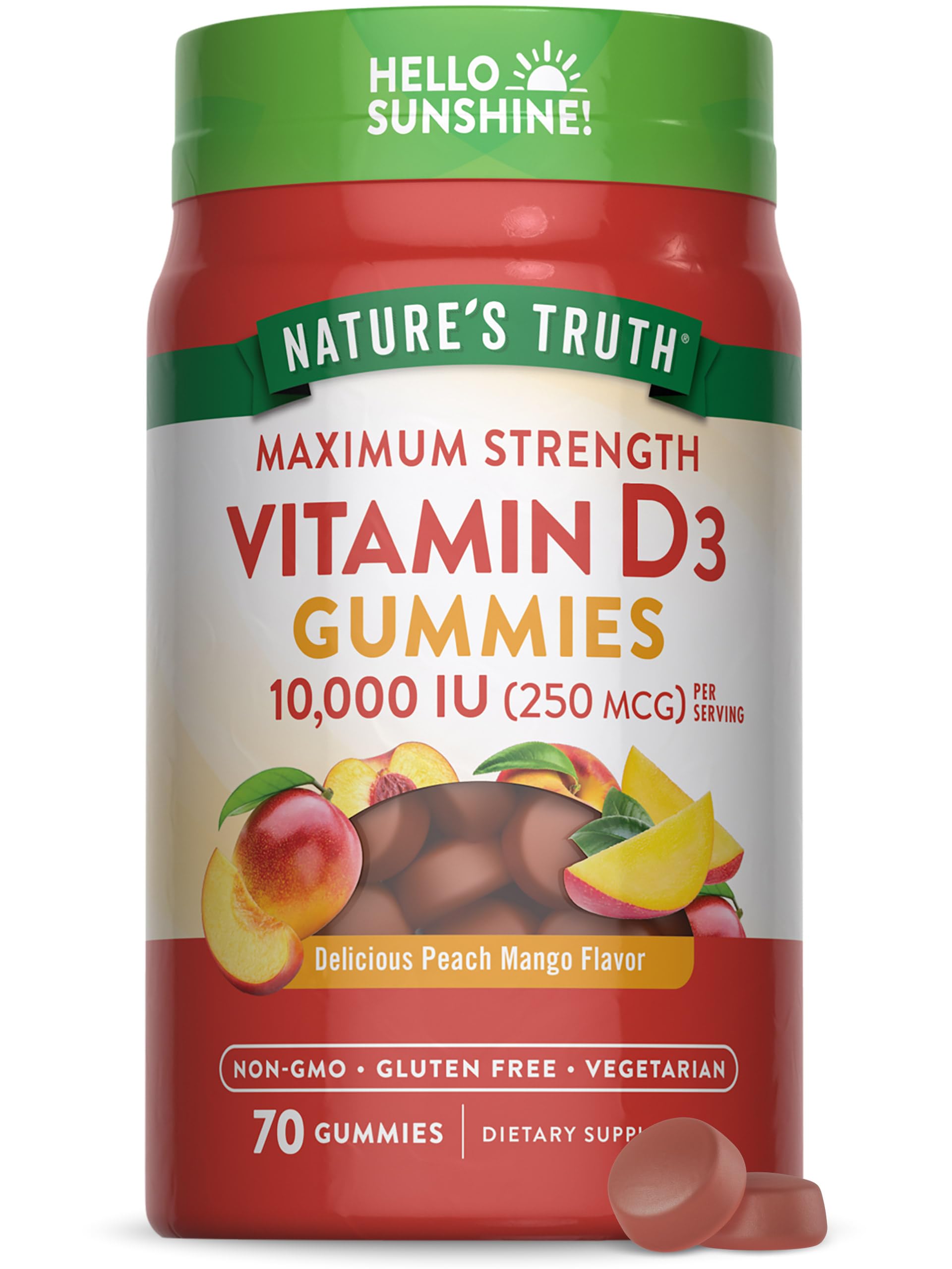 Nature's Truth Vitamin D3 Gummies for Adults | 10000 IU | 70 Count | Peach Mango Flavor | Vegetarian, Non-GMO & Gluten Free Supplement
