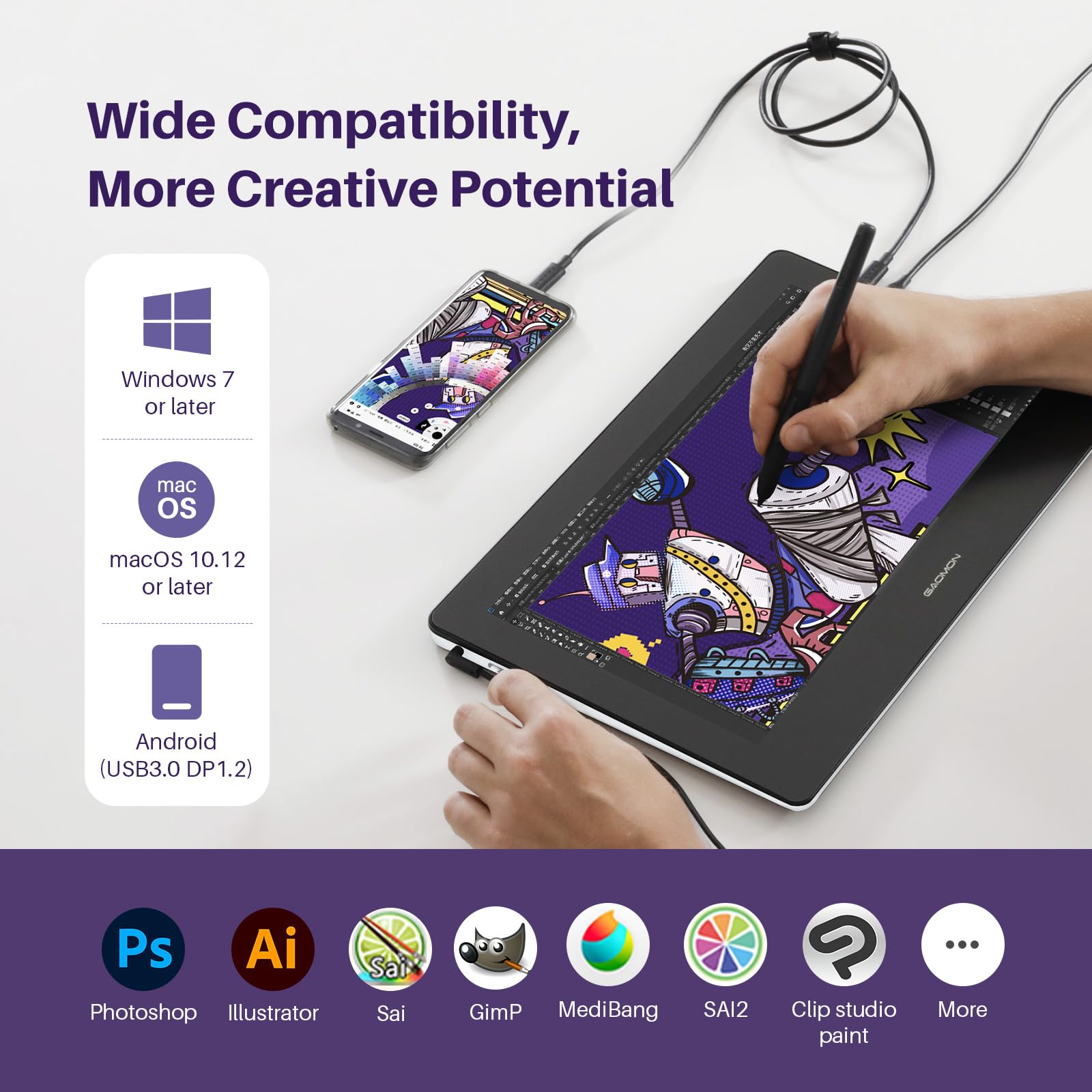 GAOMON PD1320 33,3 cm (13,3 Zoll) volllaminiert, 86% NTSC neigbar, mit Passivstift 8192 und Lederständer, Zeichenmonitor für Win/Mac/Android OS – (grau)