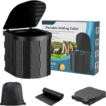 Collapsible Portable Toilet for Adults - Extra Tall Camping and Travel Toilet with Lid and Carry Bag for Car Emergencies 20 Cleaning Bags