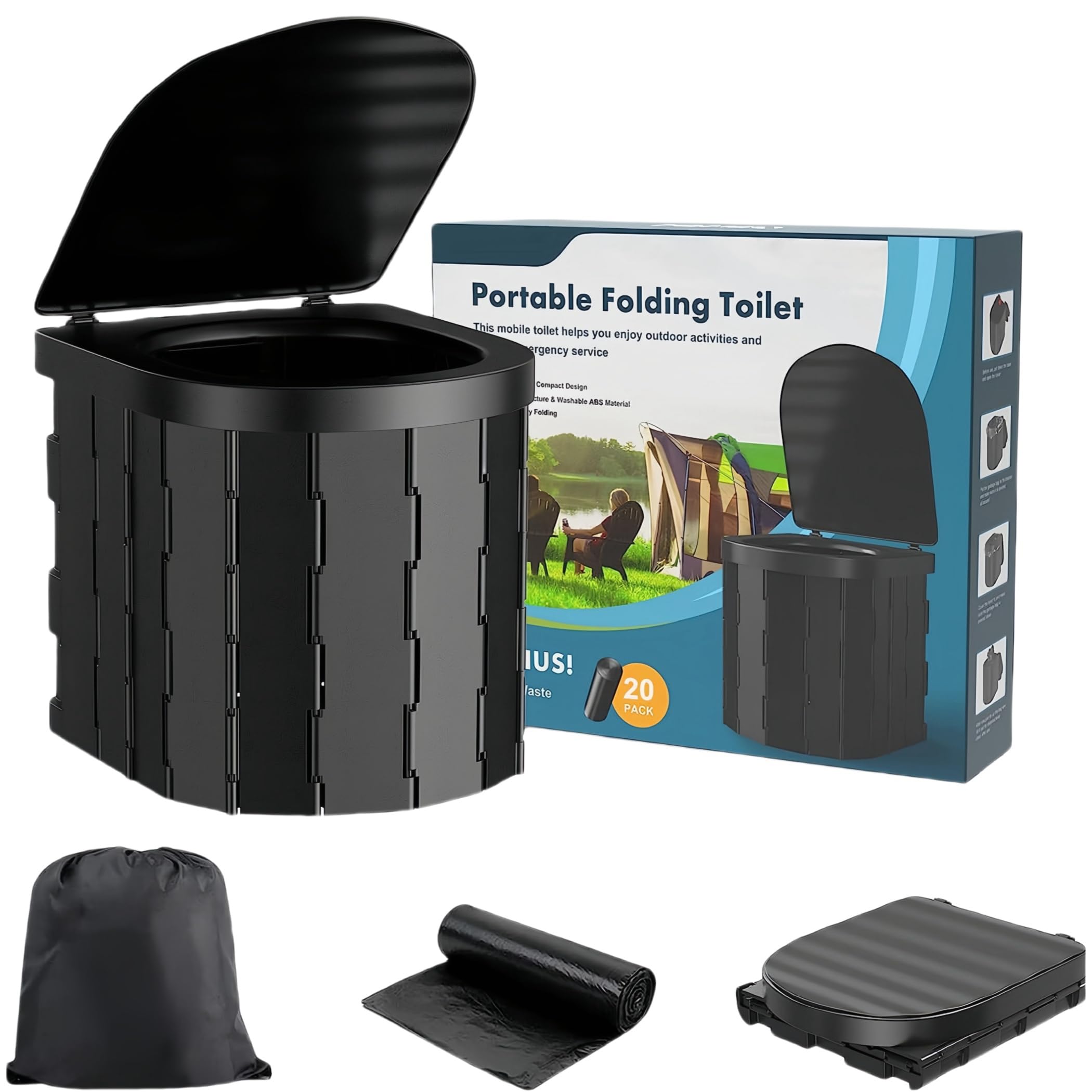 Collapsible Portable Toilet for Adults - Extra Tall Camping and Travel Toilet with Lid and Carry Bag for Car Emergencies (20 Cleaning Bags)