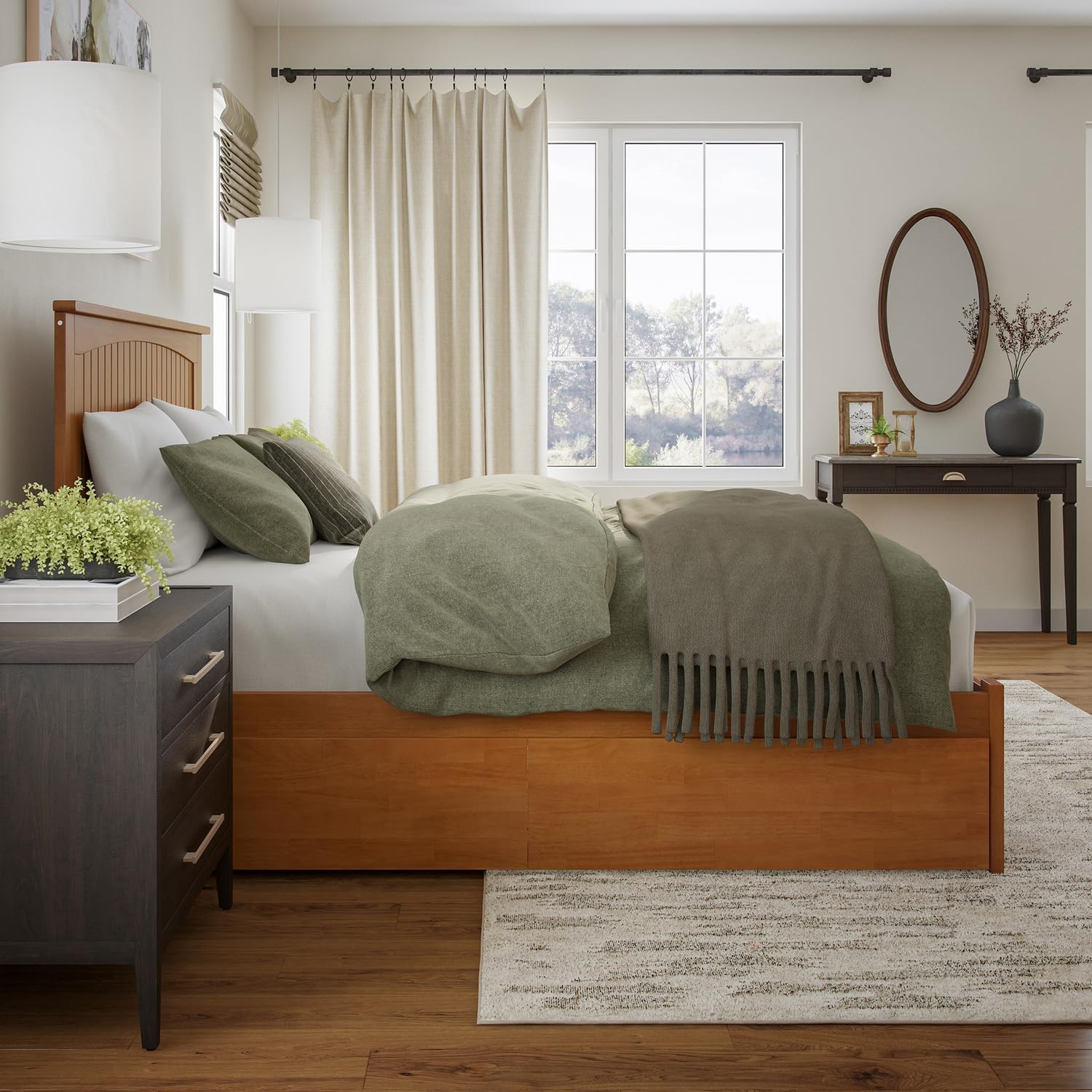 HomeStock Mid-Century Marvel Solid Wood Platform Bed with Footboard & Storage Drawers in Light Toffee