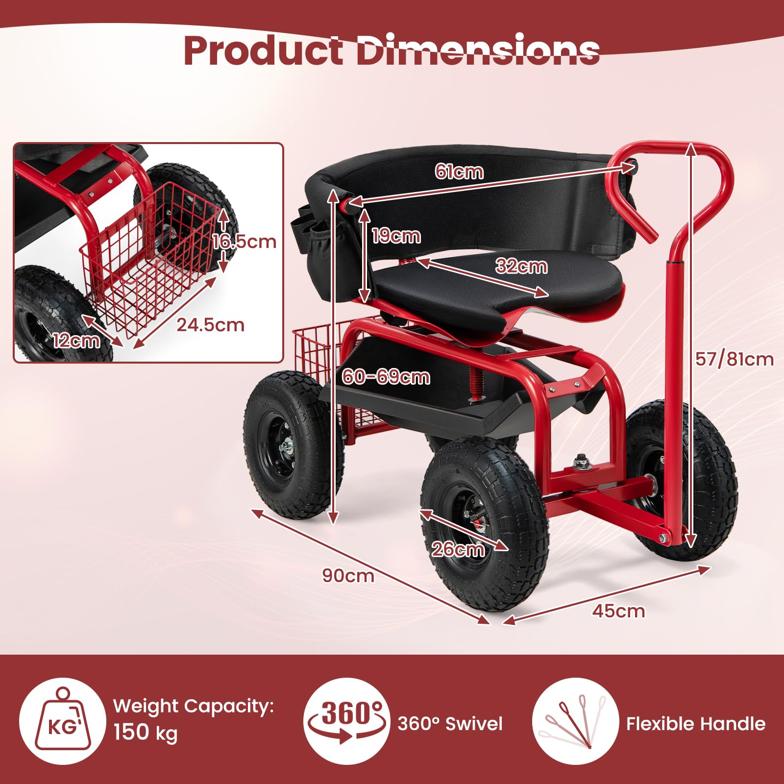 GOPLUS Chariot de Jardin Mobile, Siège Pivotant Réglable en Hauteur avec roulettes, Poignée, Coussin et Dossier Amovibles, Chariot de Jardin avec Rangement pour Jardinage, Charge 150 kg (Rouge)