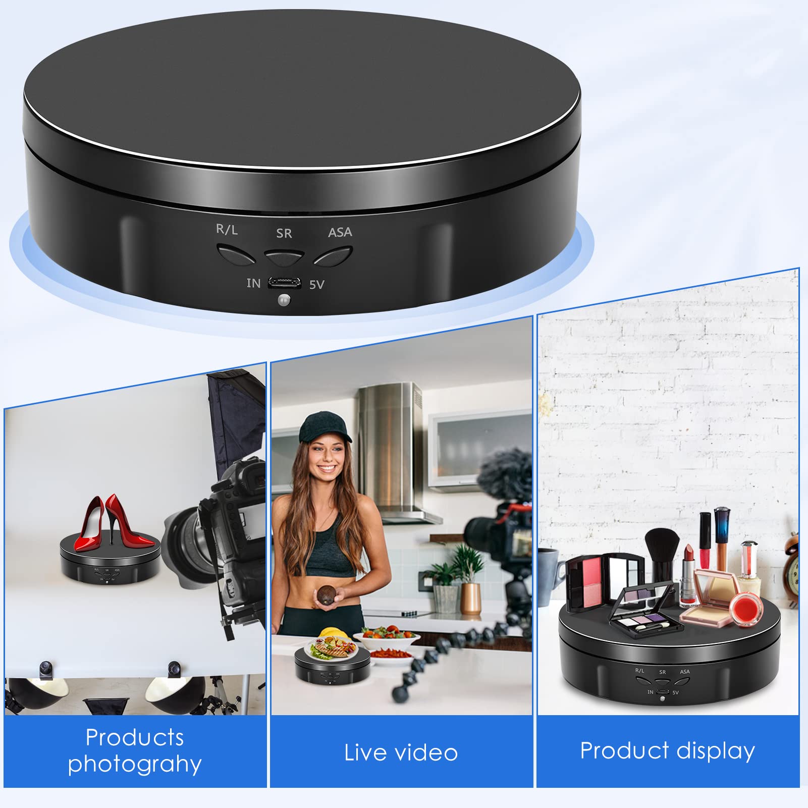 Base Girevole Elettrica, VAYOTOY 6 pollici / 14,6 cm Piatto Girevole Elettrico 10 kg Piccolo Piattaforma Girevole con 6 Fogli di Sfondo Ricarica USB 3 Velocità Regolabili per Display e Fotografia