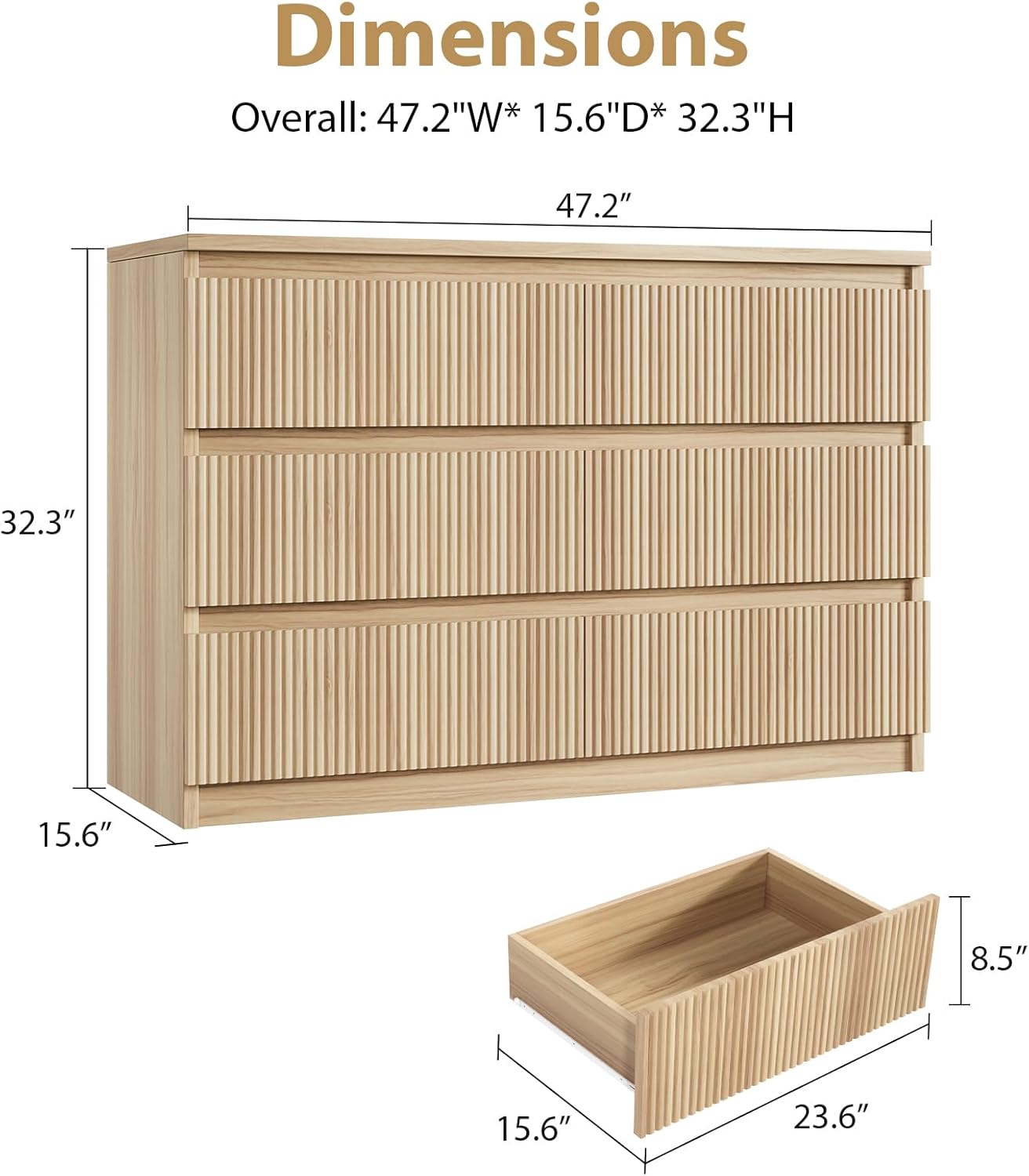 Diagram showing the dimensions of the Jocoevol Oak 6-Drawer Fluted Dresser and a single drawer.