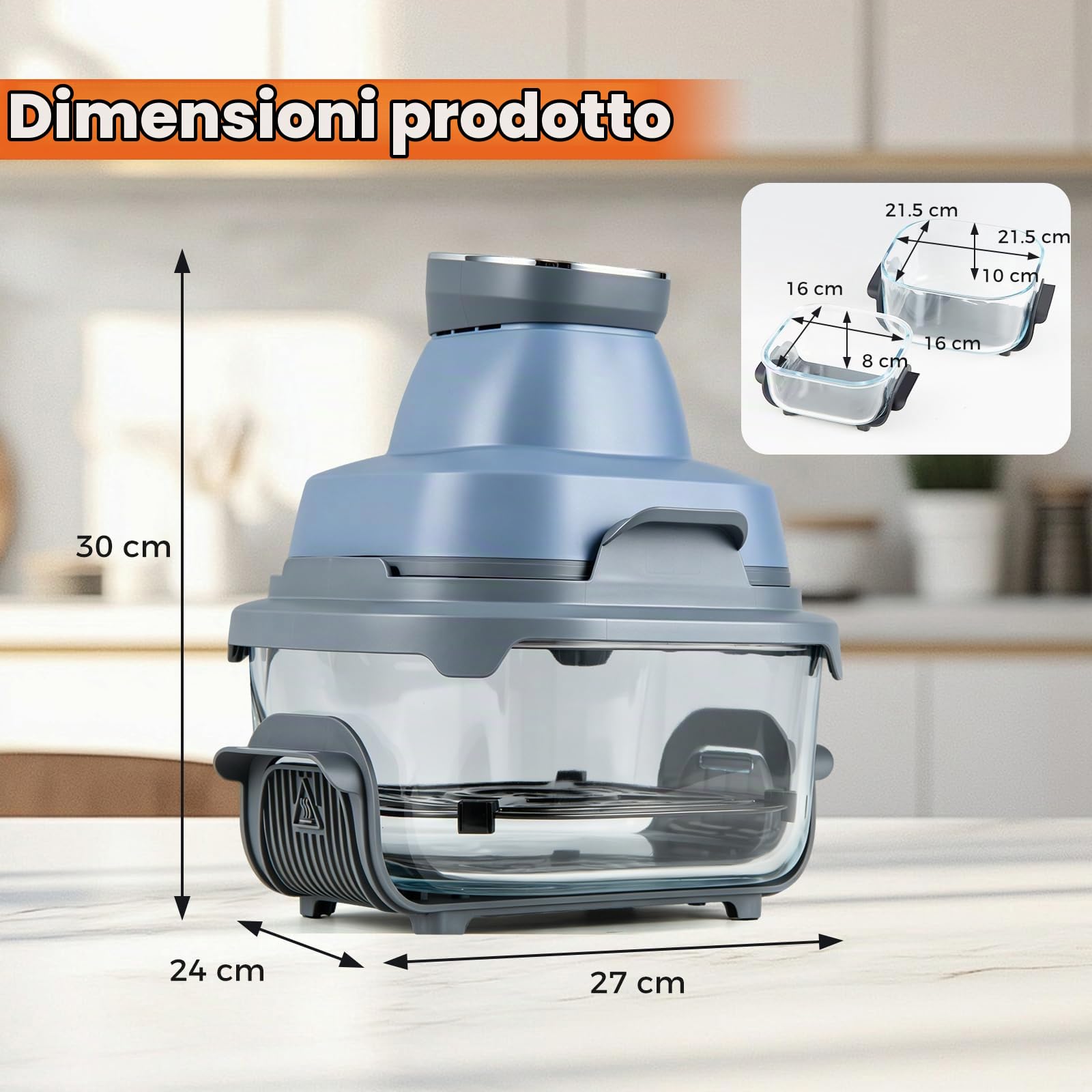 LIFEZEAL Friggitrice ad Aria 4L, 1500 W, 6 programmi, Friggitrice Aria con 2 Contenitori Vetro Rimovibili, Timer, Accessori Lavabili in Lavastoviglie, Portatile per Cucina Casa, Camping (Blu)