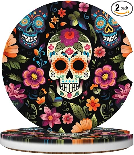 Day of The Dead Car Coasters, Sugar Skull Flower Car Coasters for Cup Holders, Absorbent Ceramic Stone Coaster 2PCS Car Cup Coaster for Women and Man