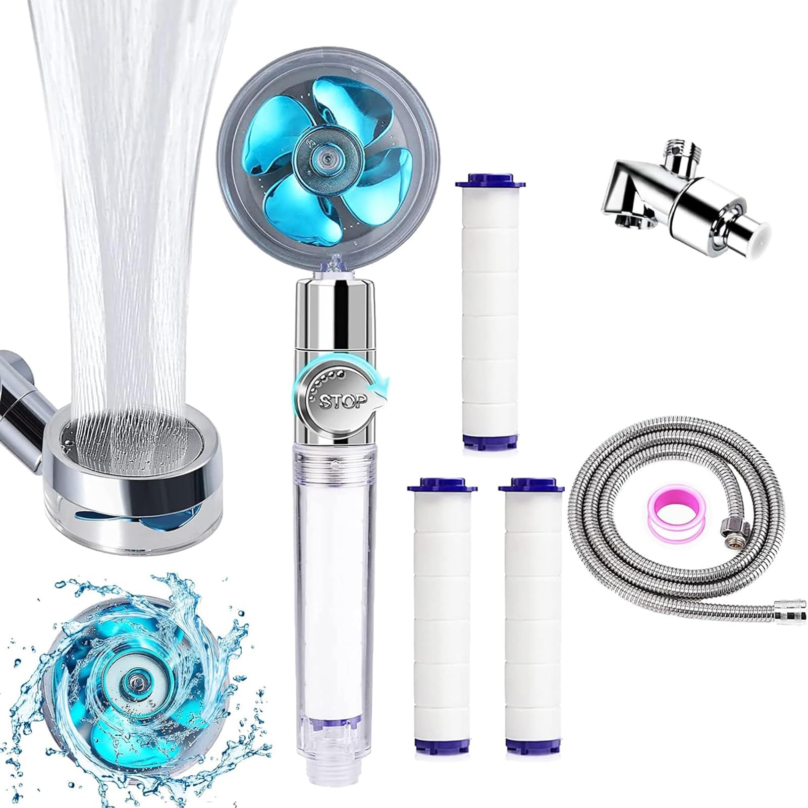 UNIFACE High Pressure Shower Head,Handheld Filtered Shower Head with Vortex Hydro Jet Turbo Propeller 360 Degrees Rotating,Fan Shower Kit with Replacement Hose/Bracket/Cotton Filters (Blue)