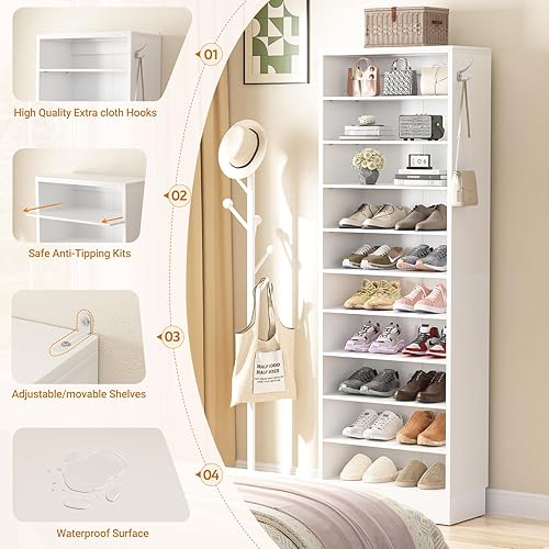 Miniatura 7 de Aheaplus Zapatero de madera de 10 niveles, organizador vertical de almacenamiento de zapatos con ganchos, torre de zapatos de esquina estrecha para