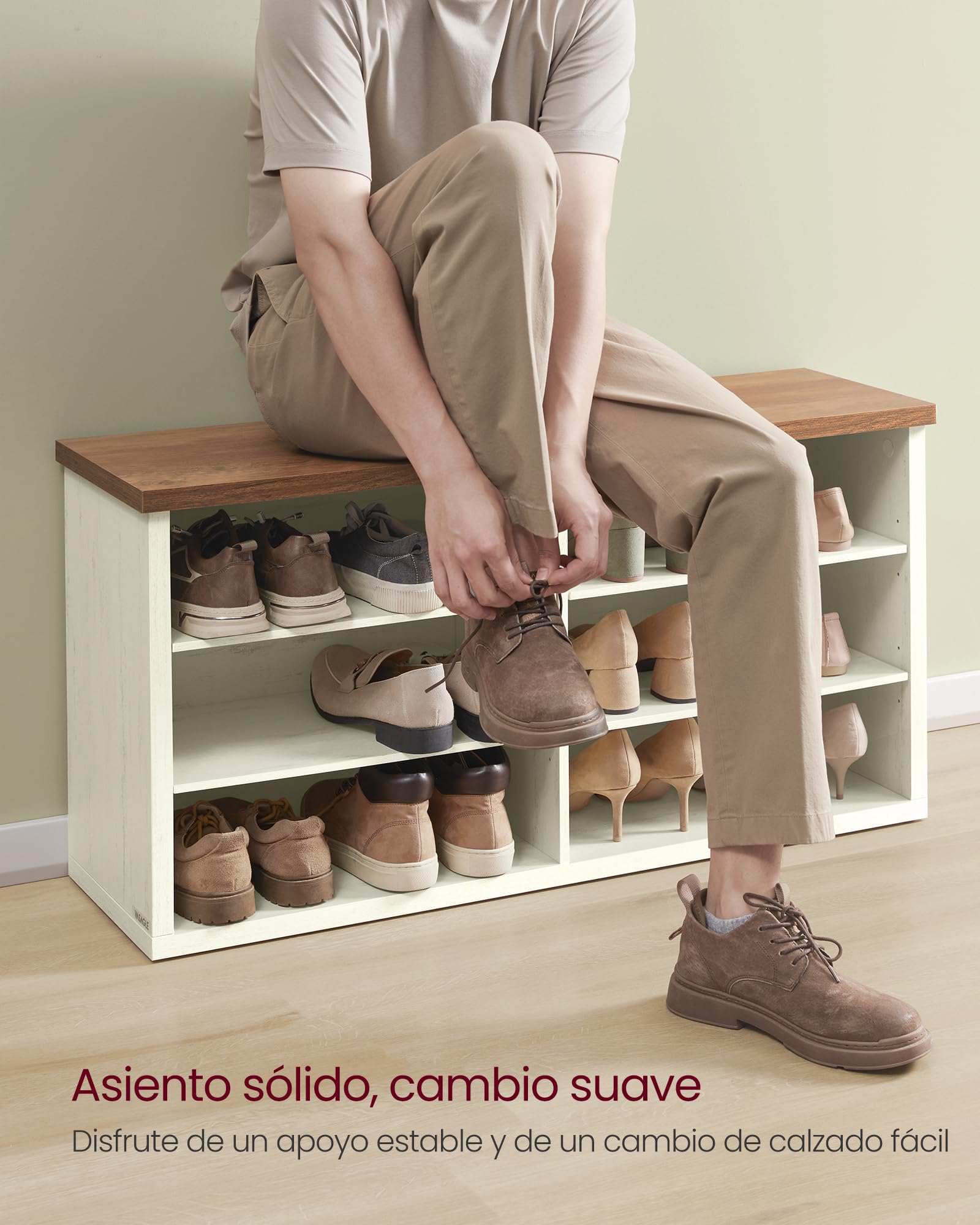 VASAGLE Banco Zapatero, Zapatero con Asiento, 6 Compartimientos, Estantes Ajustables, para Entrada, Sala de Estar, 29,5 x 100 x 50 cm, Blanco Rústico y Marrón Miel LSB036W02