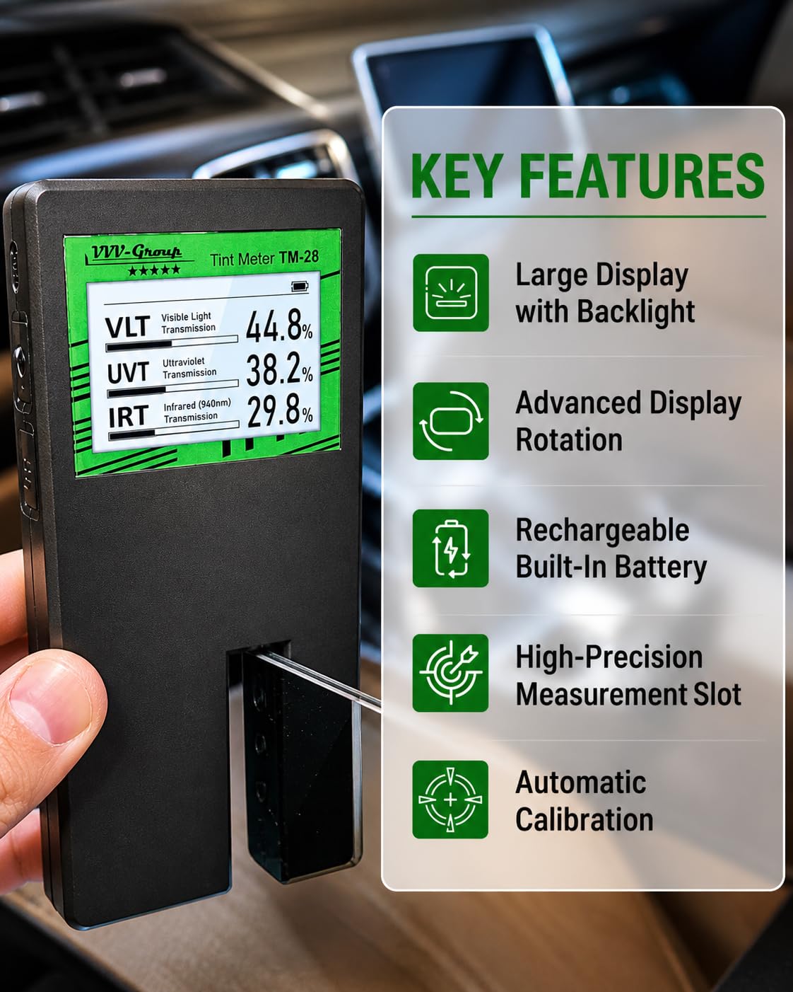 TM-28 - Tester digitale per vetri auto, TM-28, tester per la trasmissione della luce, rifiuto UV/IR, calibrazione automatica, rotazione del display (TM-28)