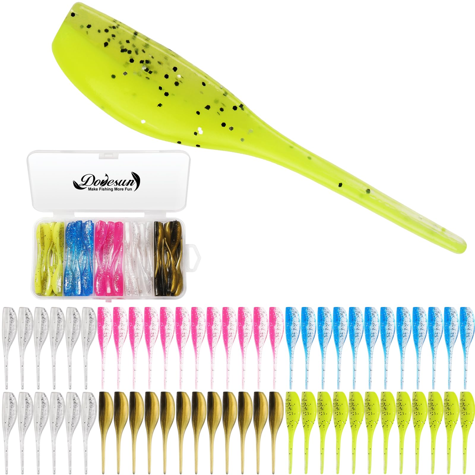 Dovesun Crappie Lures Kit, Fishing Soft Plastic lures Crappie Walleye Trout Bass Fishing Baits Fishing Grubs -Worms- Minnow-Paddle Tail Swimbaits 60 | 75 | 100Pcs with Tackle Box