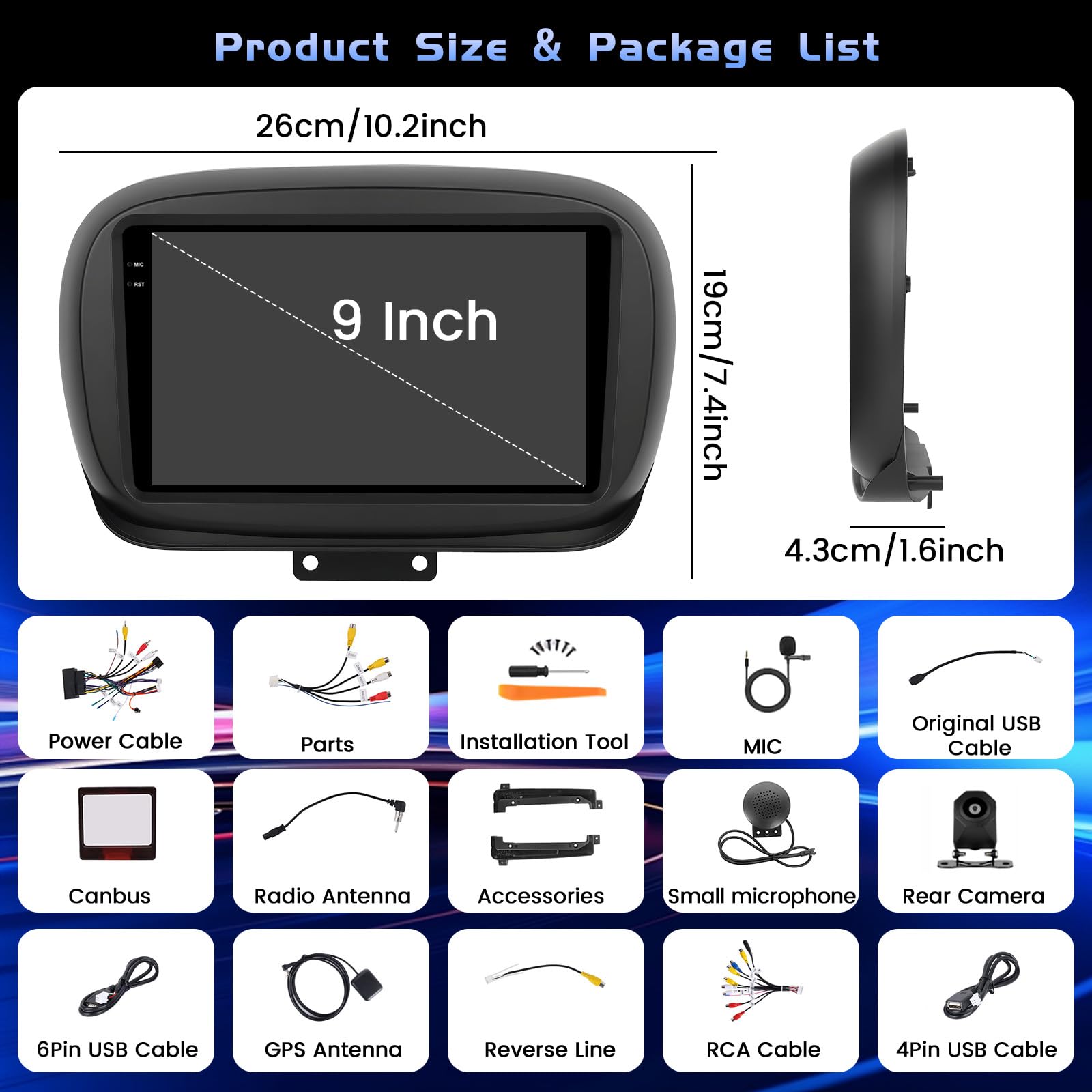 4+128G Android Radio z Ekranem dla FIAT 500X 2014-2020 Bezprzewodowe Carplay, Radio z Nawigacją 9 Cali Ekran Incell Android Auto/FM/RDS/Kamera Cofania