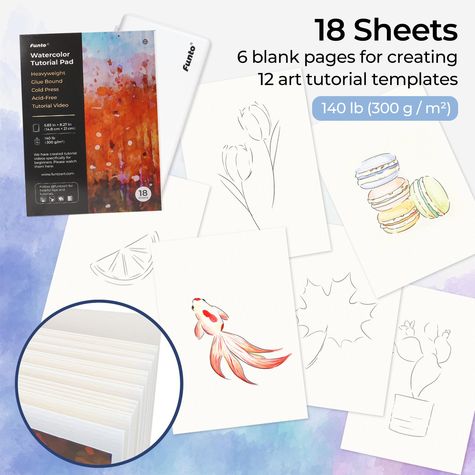 Funto Trousse de peinture aquarelle, 48 couleurs, bloc de tutoriel, 8 pinceaux, crayon, fineliner, gomme, ruban adhésif, taille-crayon, vaporisateur, trousse de peinture pour adultes, débutants