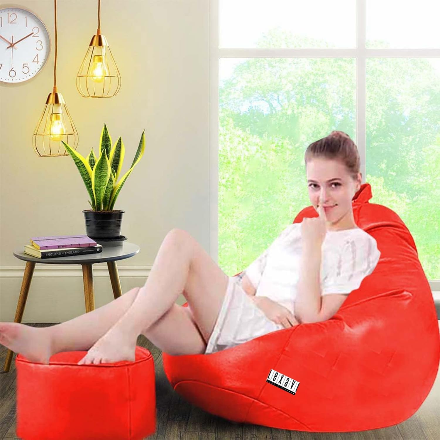 LEXAVI Brand Origial Faux Leatherette| 6 Month Warranty | Quality 4XL Bean Bag with Footrest & Comfy Cushion Filled with Beans (Ready to Use) Special for Corporate & New Year Gifts (Red)