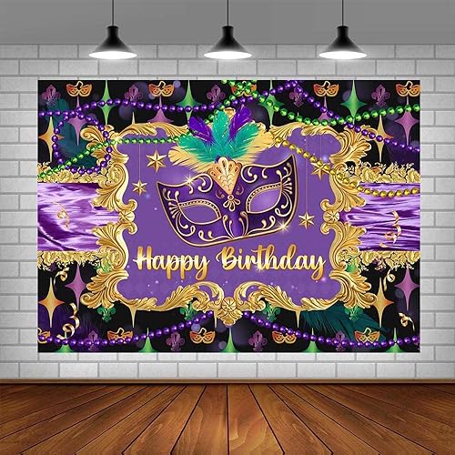 Miniatura 4 de AIBIIN Telón de fondo de Mardi Gras de 7 x 5 pies para fiesta de cumpleaños fotografía morada y dorada pancarta de feliz cumpleaños suministros de