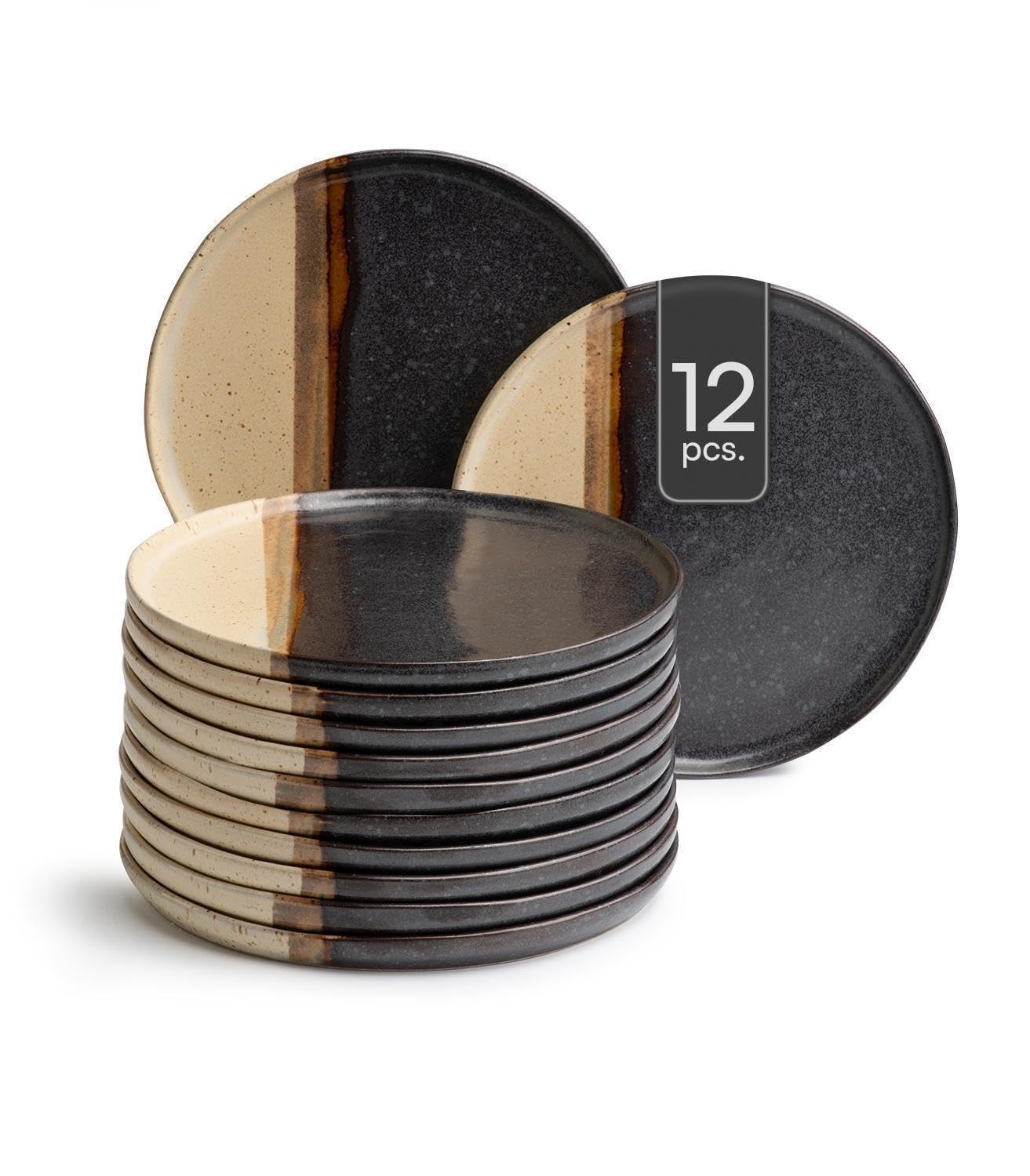 Brotteller - Ø 13 cm - Schwarz - Braun - Keramik - matt - 12er Set