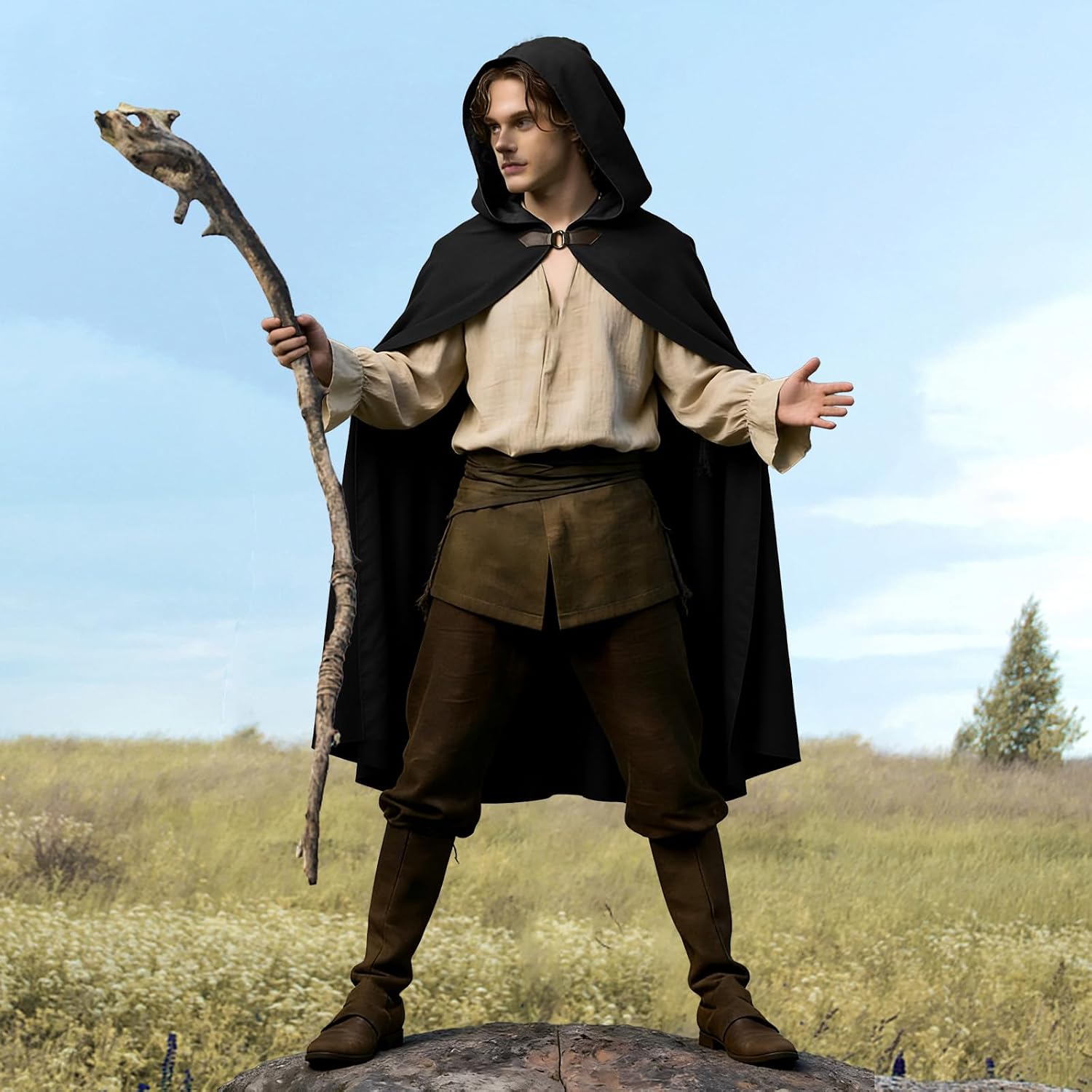 HODBLKT Mens Medieval Cloak with Hood, Renaissance Hooded Cloak for Parties