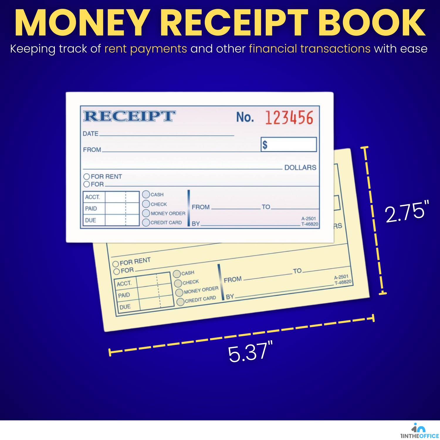 1 intheoffice Geld und Rent Rechnung, 2–3/4 x 5–3/20,3 cm, 2-teilig, selbstdurchschreibend, weiß/Kanarischen, 50 Sets pro Buch (2 Bücher)