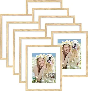 decorUhome 11x14 Picture Frame Set of 10, Display Photos 8x10 with Mat or 11x14 Unmatted for Picture Frames Collage Wall Decor, Natural