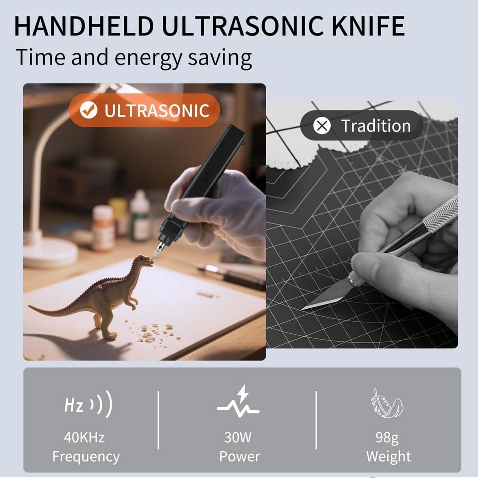Ultraschall Schneidemaschine, 30 W 40 kHz Ultraschall Messer mit Automatischer Frequenzverfolgung und 40 Ersatzklingen, Handgerät für 3D Druck Acryl Harz PVC und Stoff