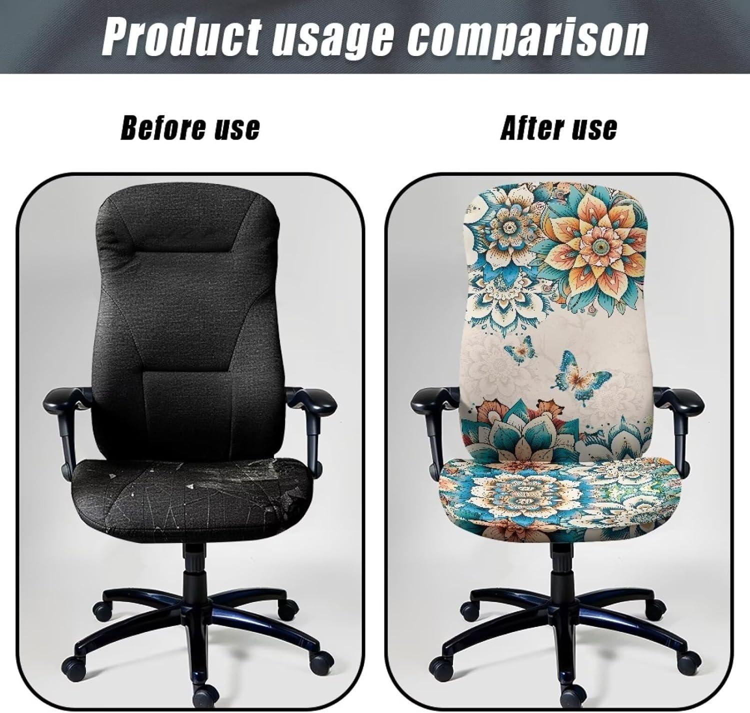 Boho Mandala Butterfly Pattern Computer Office Chair Cover, Rotating Chair Slipcovers Protective Office Desk Chair Seat Cover Anti-Dust Office Chair Protector for Office Decor-L