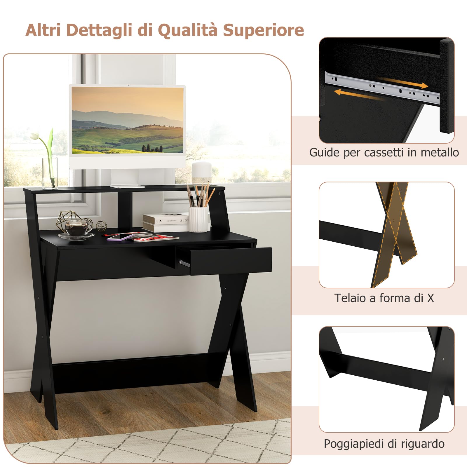 Scrivania per Computer in Legno con cassetti, Scrivania per Ufficio con Supporto per Monitor, Scrivania Moderna, Poggiapiedi e Gambe a Forma di X, per Casa e Ufficio, 90 X 61 X 94 cm (Nero)