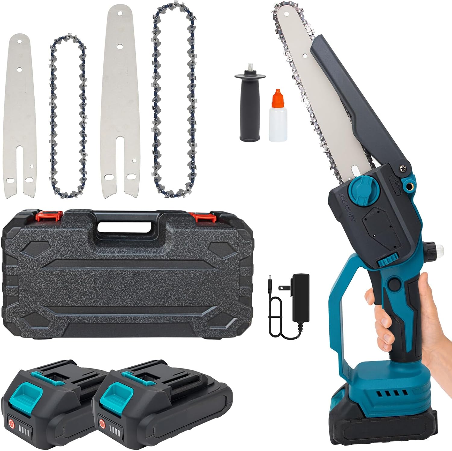 Cordless Chainsaw with Brushless Motor,6&8-Inch Mini Chainsaw,with 2×6-inch Chains,2×8-inch Chains,2 Guide Plates,2 High-Capacity Batteries.Featuring Safety Lock for Tree Pruning & Wood Cutting Tasks