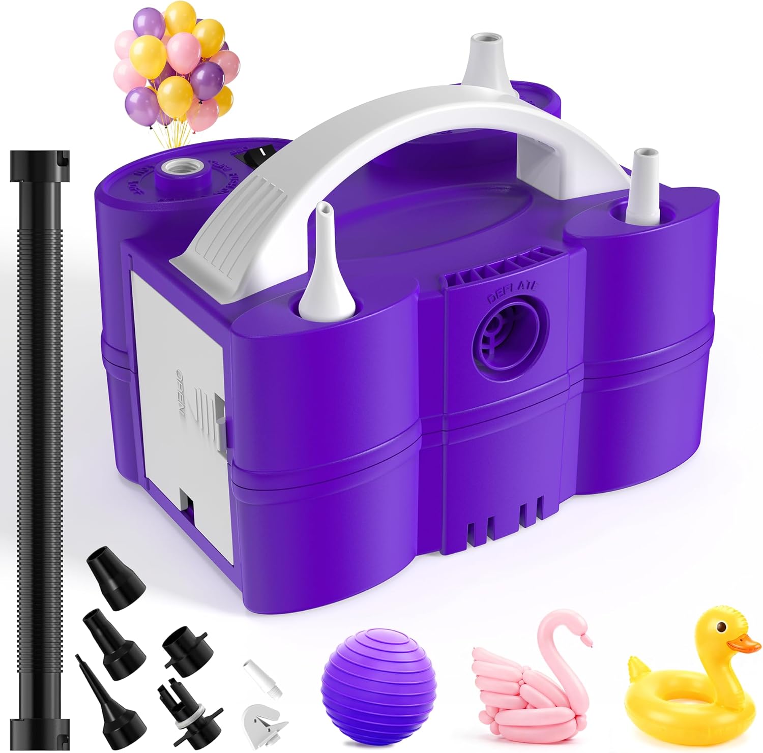 Balloon Pump Electric, 3-in-1 Portable Air Pump for Balloons and Inflatables, Fast Inflator Deflator for Pool Floats, Air Mattress, Birthday Party Decorations Purple