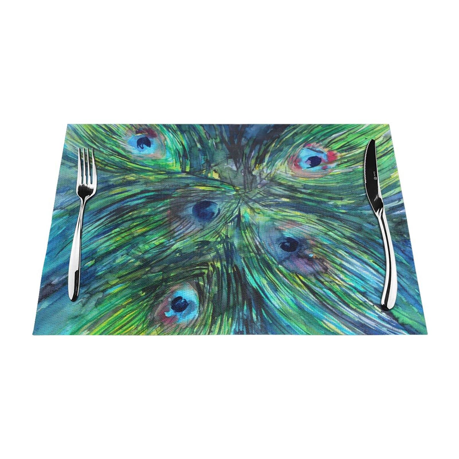 Set de table plumes de paon 30x45 cm lavable et résistant à la chaleur x4