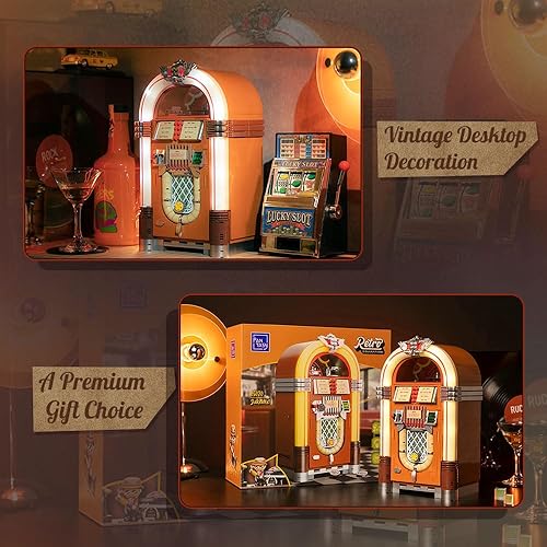 Miniatura 6 de PANTASY Kit de construcción retro Jukebox con función de moneda y sonido, modelo de caja de música mecánica con discos acrílicos, estudio de