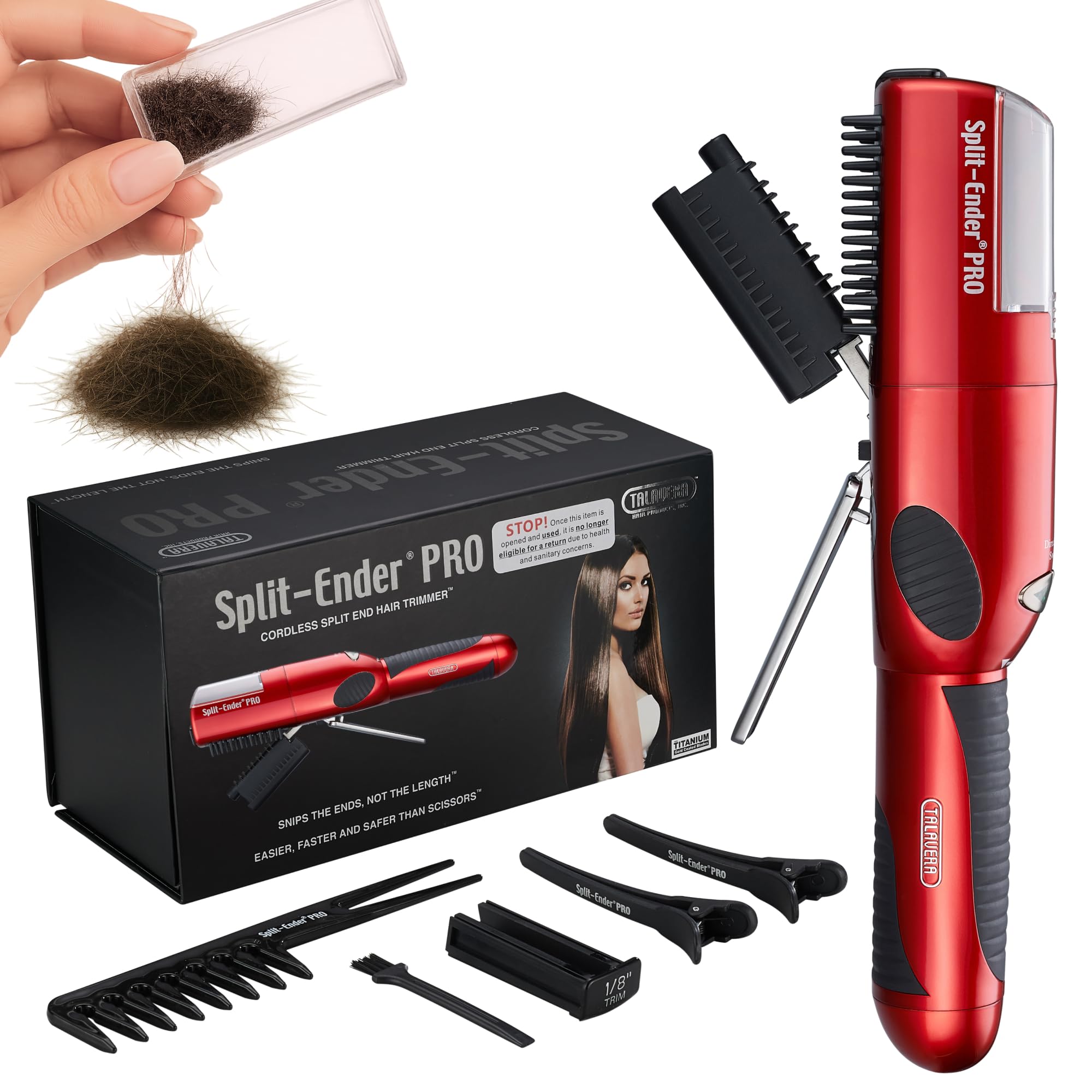 Split-Ender PRO - Original Professional Beauty Tool - Cordless Split End Hair Trimmer for Damaged, Dry, Brittle, Frizzy, Curly or Straight Hair (Red, Professional Kit)