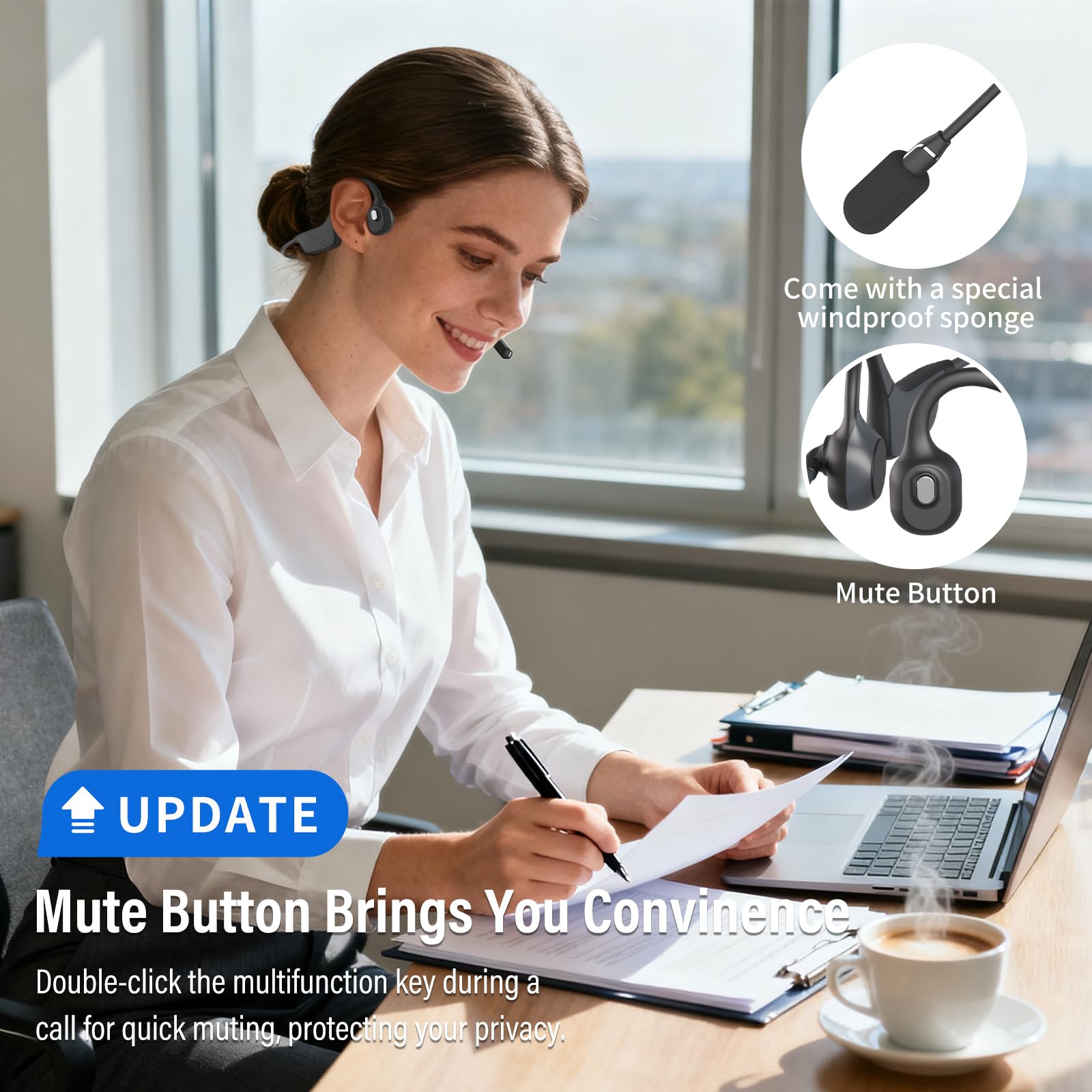 Knochenschall Kopfhörer Bluetooth Headset mit Mikrofon für Büro Callcenter | 33g Ultraleicht, offene Ohren und leicht für Komfort, 270° drehbare Geräuschunterdrückendes Mikrofon für Callcenter Zoom