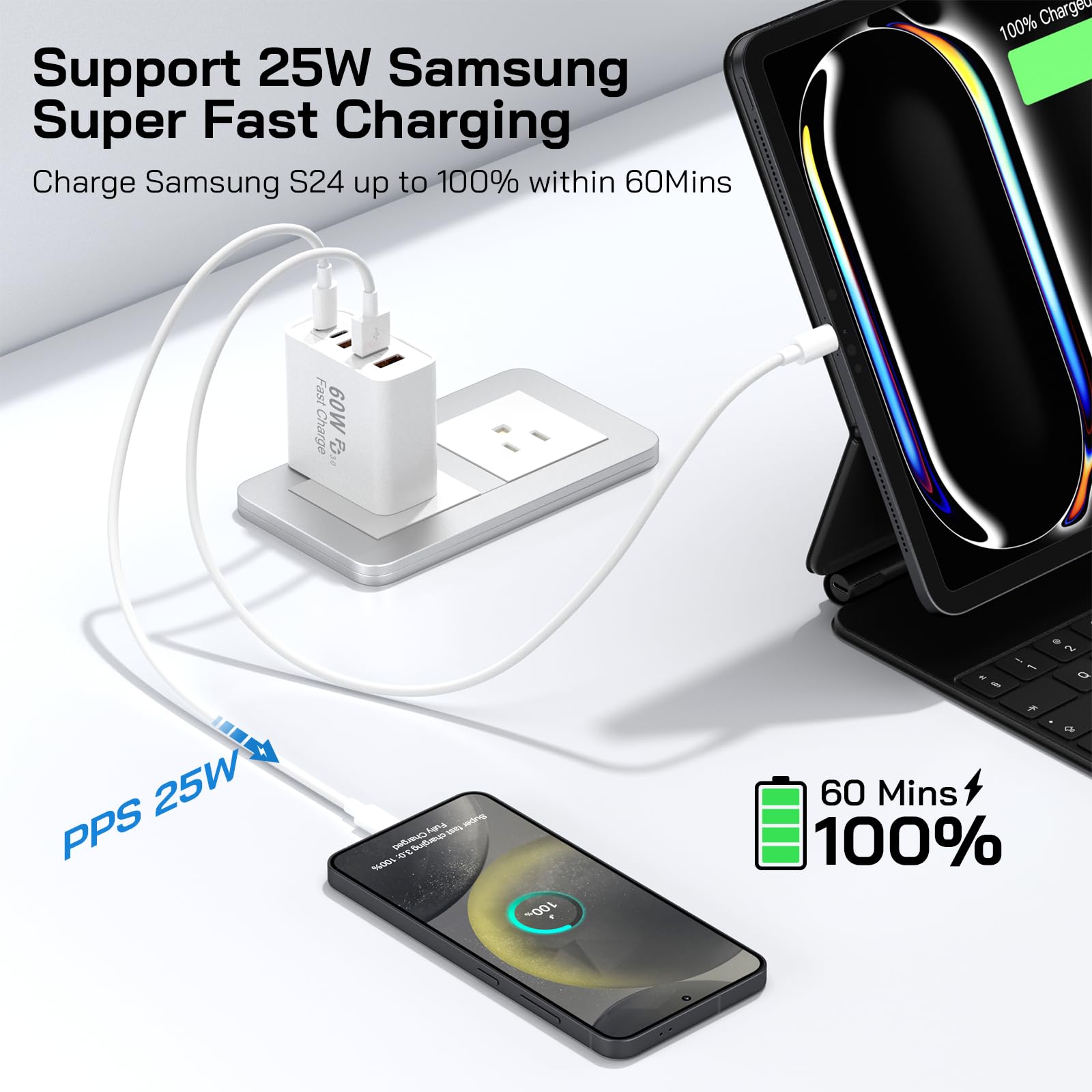 Paquete de 3 bloques de carga rápida USB C, 60 W, 5 puertos, cargador de pared USB C de 30 W, bloque de carga tipo C, 2 USB C + 3 USB A PPS/PD 3.0, cubo de carga multipuerto para iPhone 16, 15, 14, 13