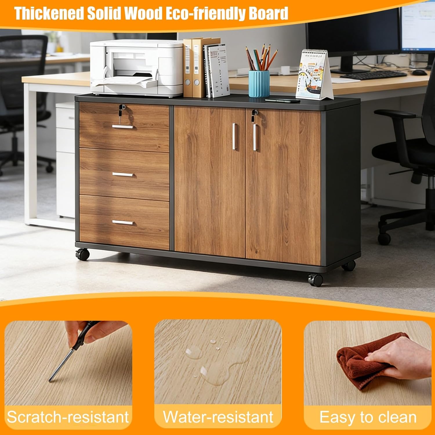 File Cabinets for Home Office Mobile, 3-Drawer Wood File Cabinet with Lock, Storage Cabinet Printer Stand with Open Shelves, Office Storage Credenza(Walnut,Door+Compartment)