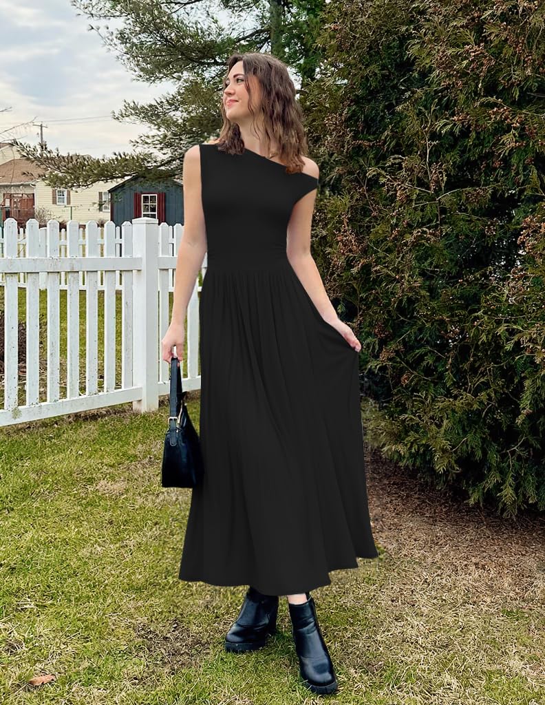 ZESICA Maxi abito da donna estivo 2025, senza maniche, monospalla, casual, a pieghe, con tasche