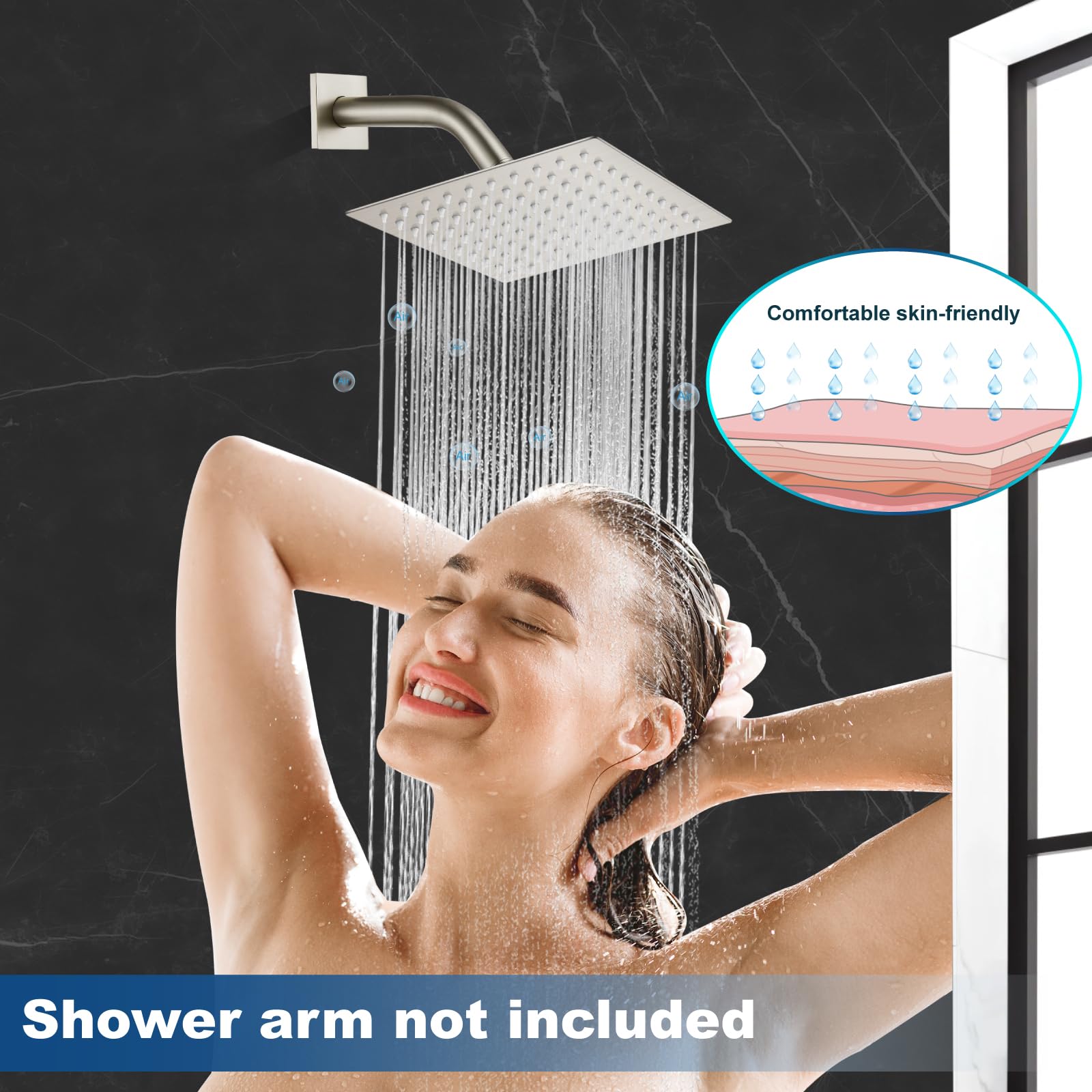 Midanya 8" Square Rainfall Shower Head - High Pressure, Matte Black, Stainless Steel (Wall Or Ceiling Mount)