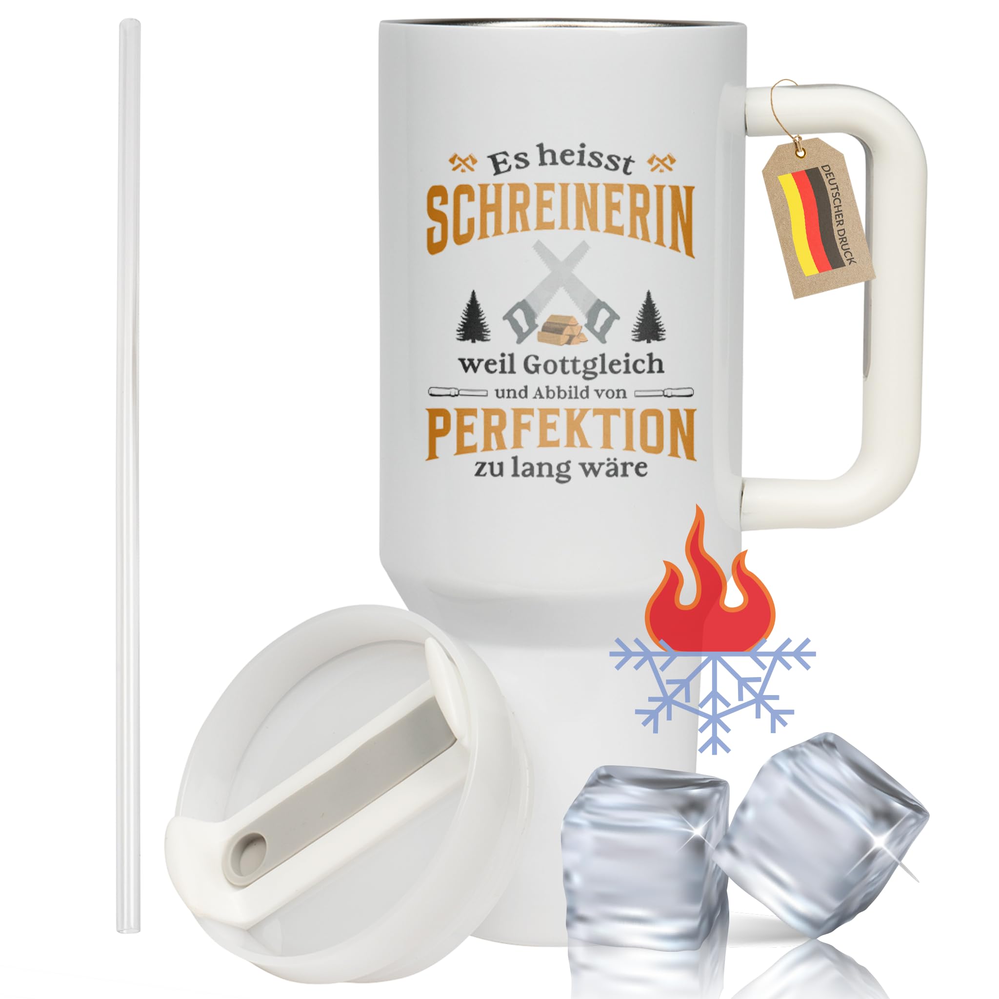 XXL Thermobecher für Schreinerinnen – Geschenk zum Geburtstag & Abschied – Edelstahl Trinkflasche, Weiß mit Schreinerin Spruch (WIEDERVERWENDBAR)
