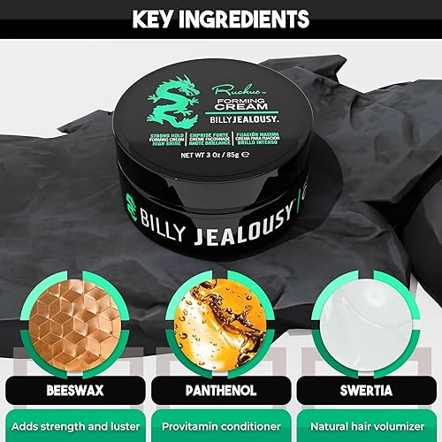 Miniatura 3 de Billy Jealousy Ruckus Crema formadora de cabello para hombres con fuerte sujeción y alto brillo, reutilizable, aspecto natural, producto de peinado